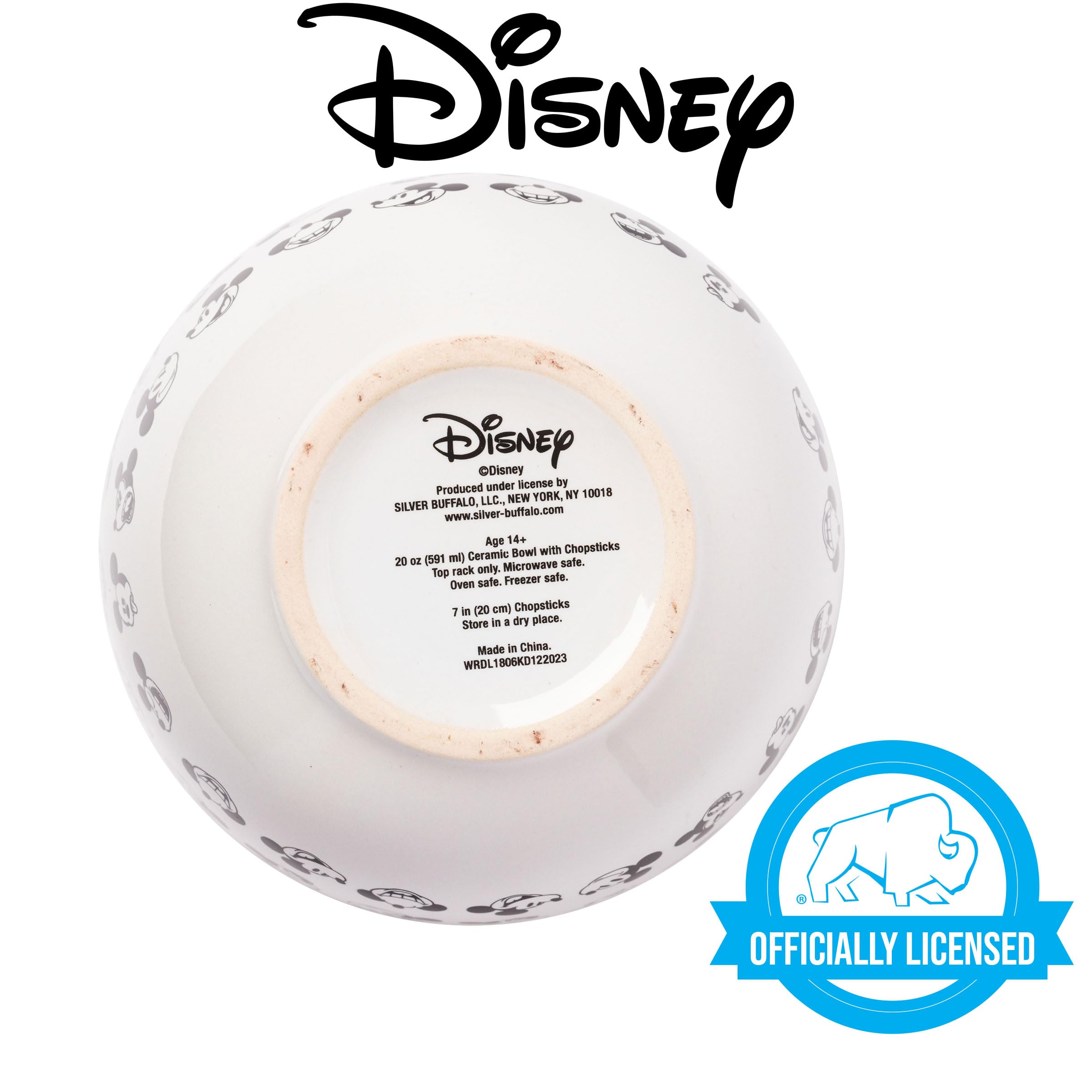 Silver Buffalo Disney Mickey Mouse Expressions Ceramic Ramen Noodle Rice Bowl With Chopsticks, Microwave Safe, 20 Ounces
