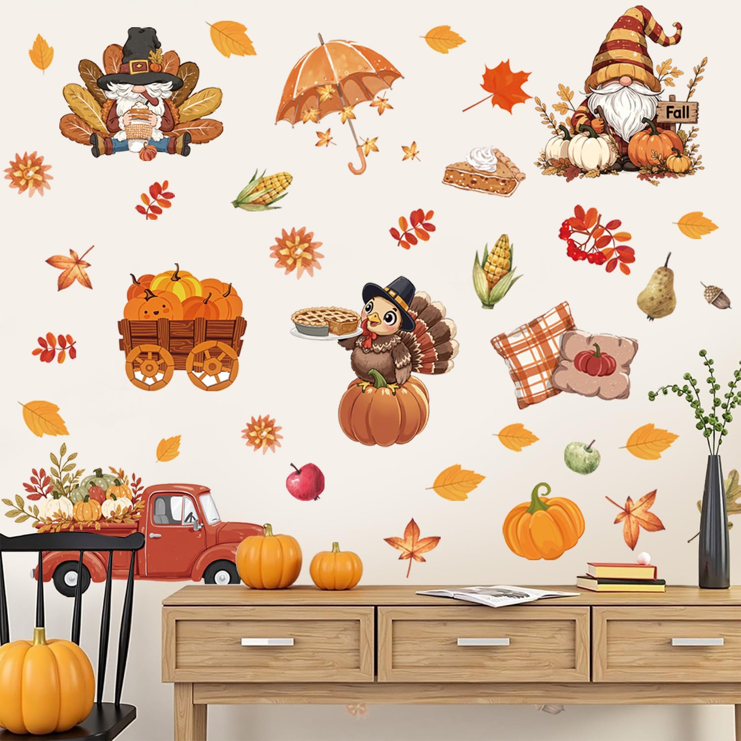 Aryroi Fall Gnome Window Clings,Fall Window Clings for Glass,Thanksgiving Turkey Sticker,Autumn Leaves Truck Pumpkin Pie Wall St