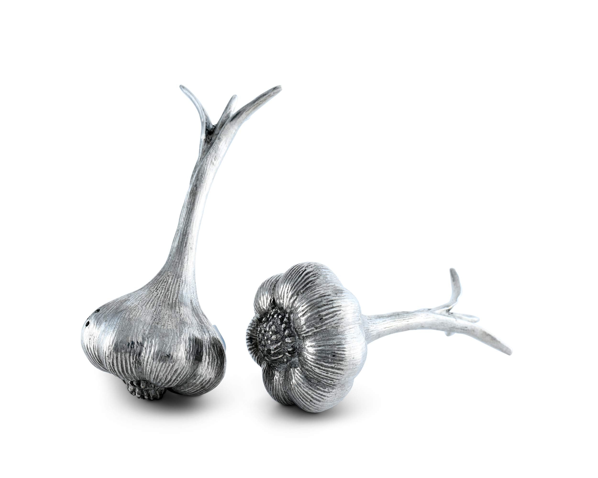 Vagabond House Pewter Garlic Salt And Pepper Metal S/P Shaker Set 5 Inch Long