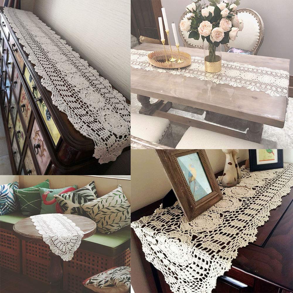 Kepswet 100% Cotton Handmade Crochet Lace Oval Table Runner White 12X72 Inch