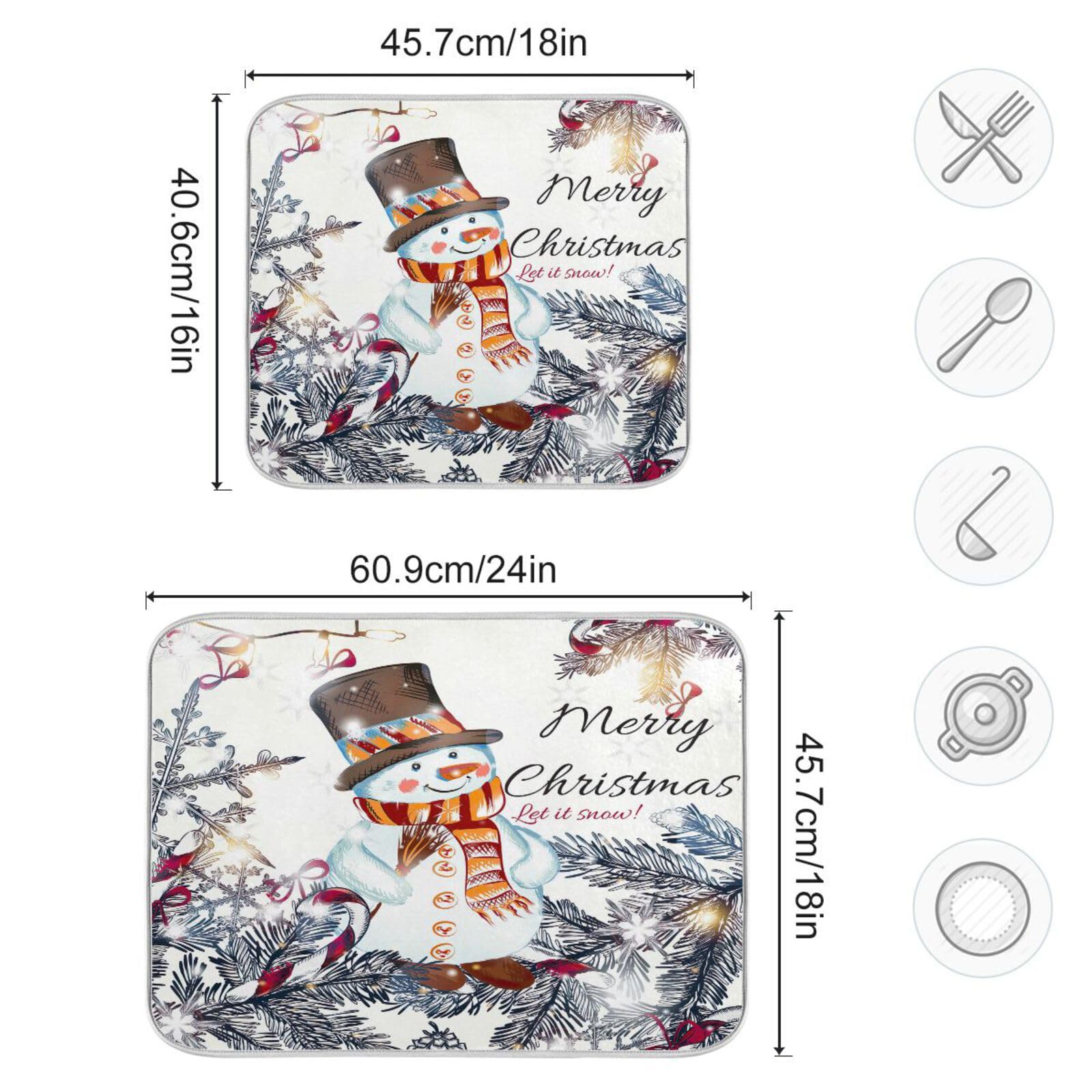 Cute Christmas Snowman Dish Drying Mat For Kitchen Counter, Drying Mat For Kitchen Counter, Absorbent Polyester Material, Heat-R