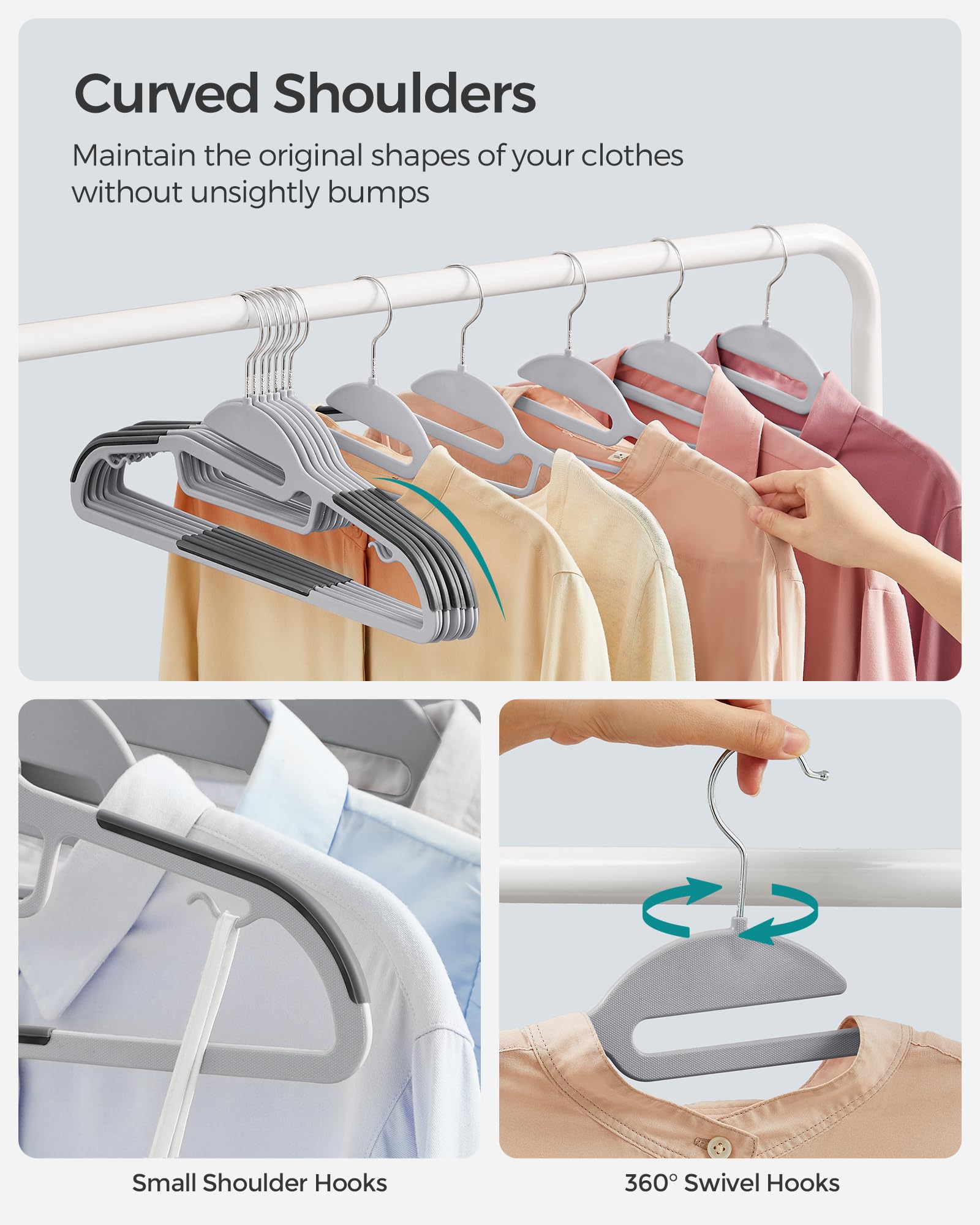 Songmics 50 Pack Coat Hangers, Heavy-Duty Plastic Suit Hangers, S-Shaped Opening, Space-Saving, 360 Swivel Hook, 16.3 Inches Wid