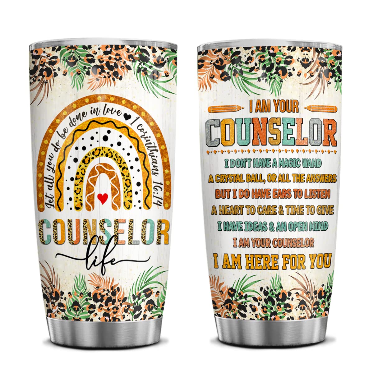 4Lieubasmi School Counselor Gifts 20Oz Tumbler, Counselor Appreciation Week, Modern Multicolor Rainbow Letter Print Stainless St