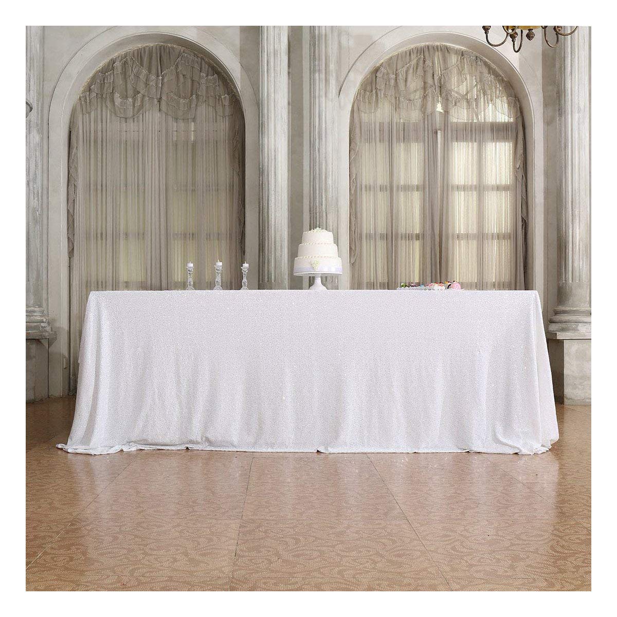 Poise3Ehome 60A120 Rectangle White Sequin Tablecloth For Party Cake Dessert Table Exhibition Events, White