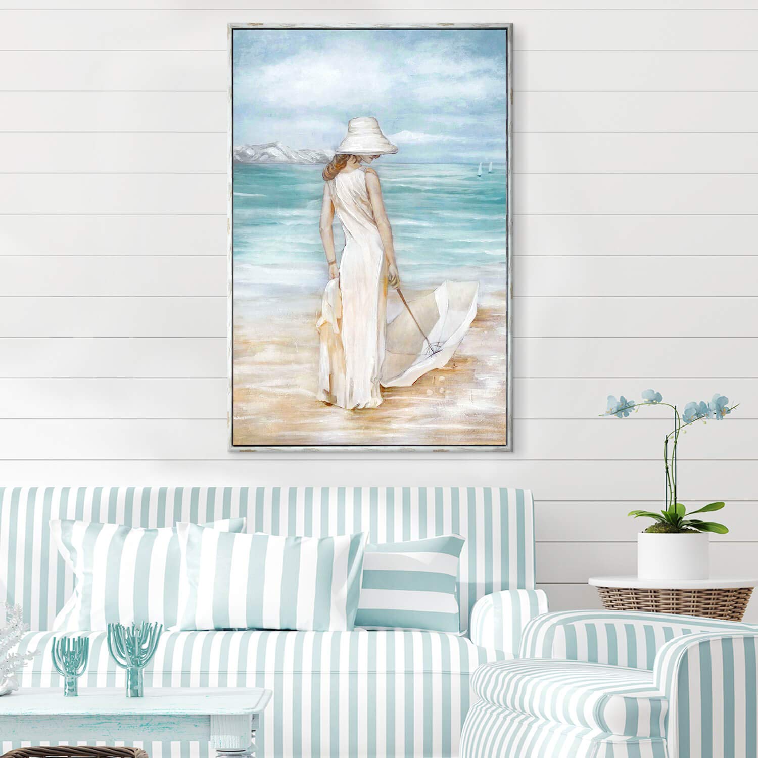 Abstract Beach Artwork Ocean Picture: Hand Painted Modern Women & Umbrella Sea Print Coastal Framed Wall Art On Canvas Framed Ar