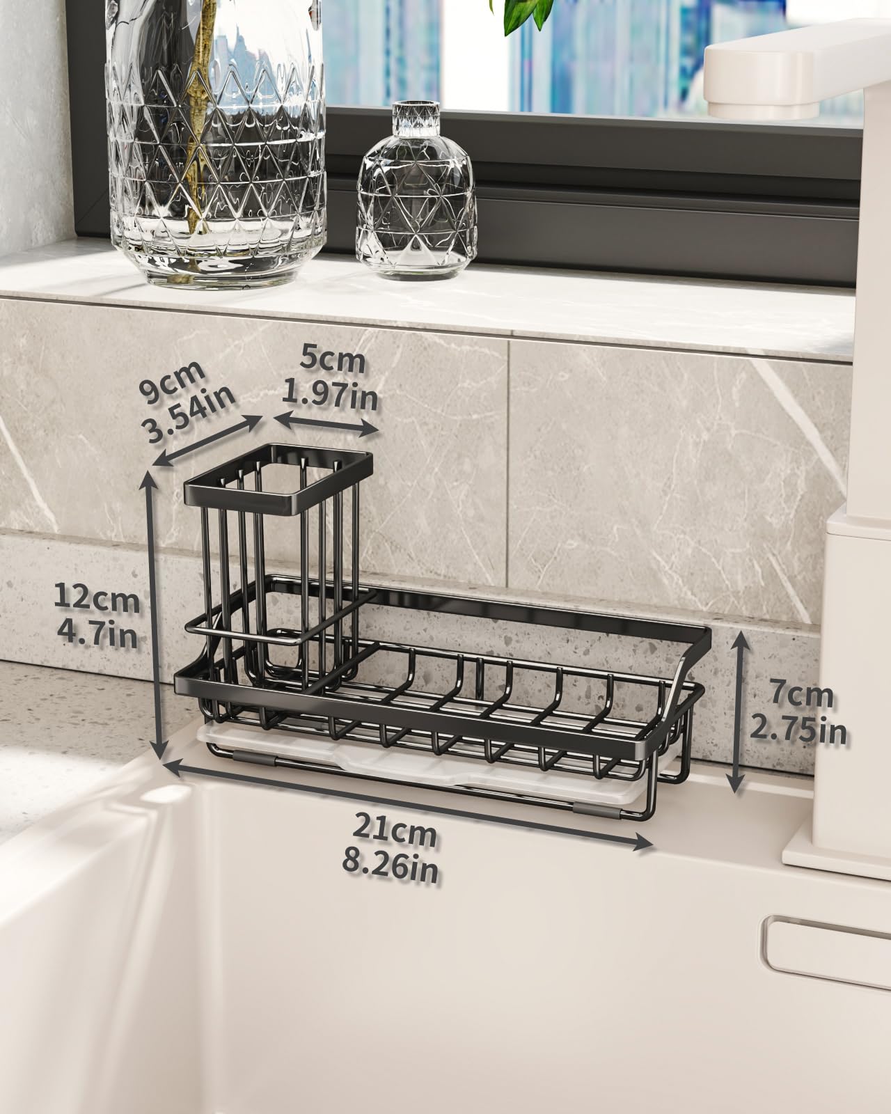 Swtymiki Sink Caddy Sponge Holder - Kitchen Sink Organizer With High Brush Holder For Countertop By The Sink Holding Dish Soaps