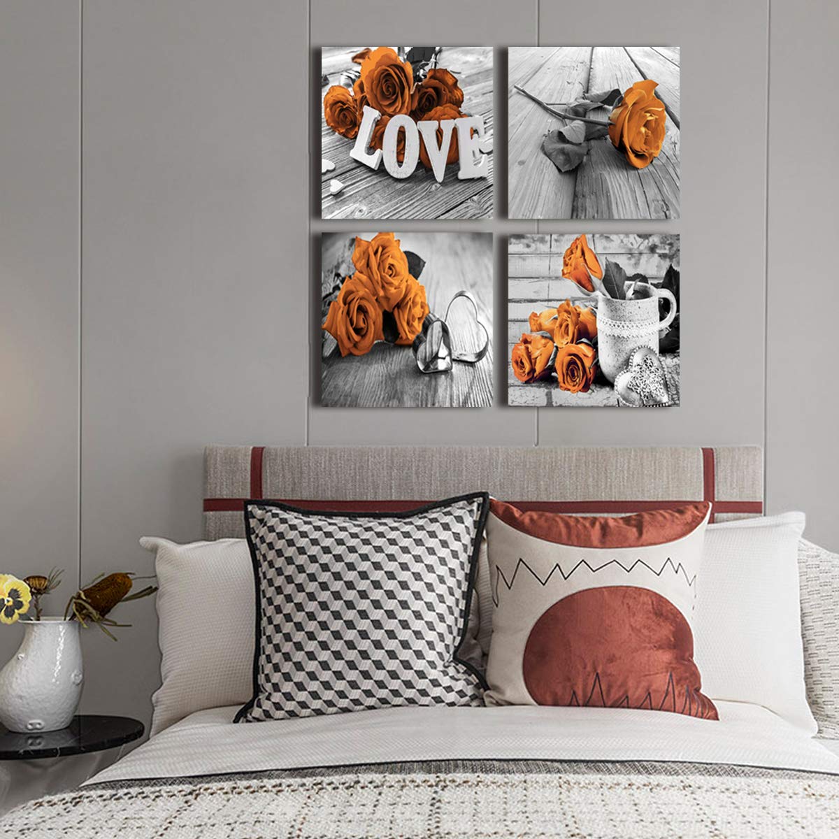 Black And White Bedroom Wall Decor Orange Rose Canvas Prints Art Aesthetic Flower Painting Picture 4 Pcs Sets Accessories Gray W