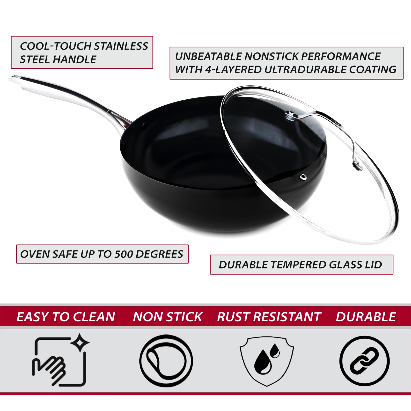 Diamotech Diamond Ceramic Coated Nonstick Wok, Healthy Cooking, Utensil Safe, 100% Ptfe/Pfoa/Pfos Free, Ultra-Durable Coating, E