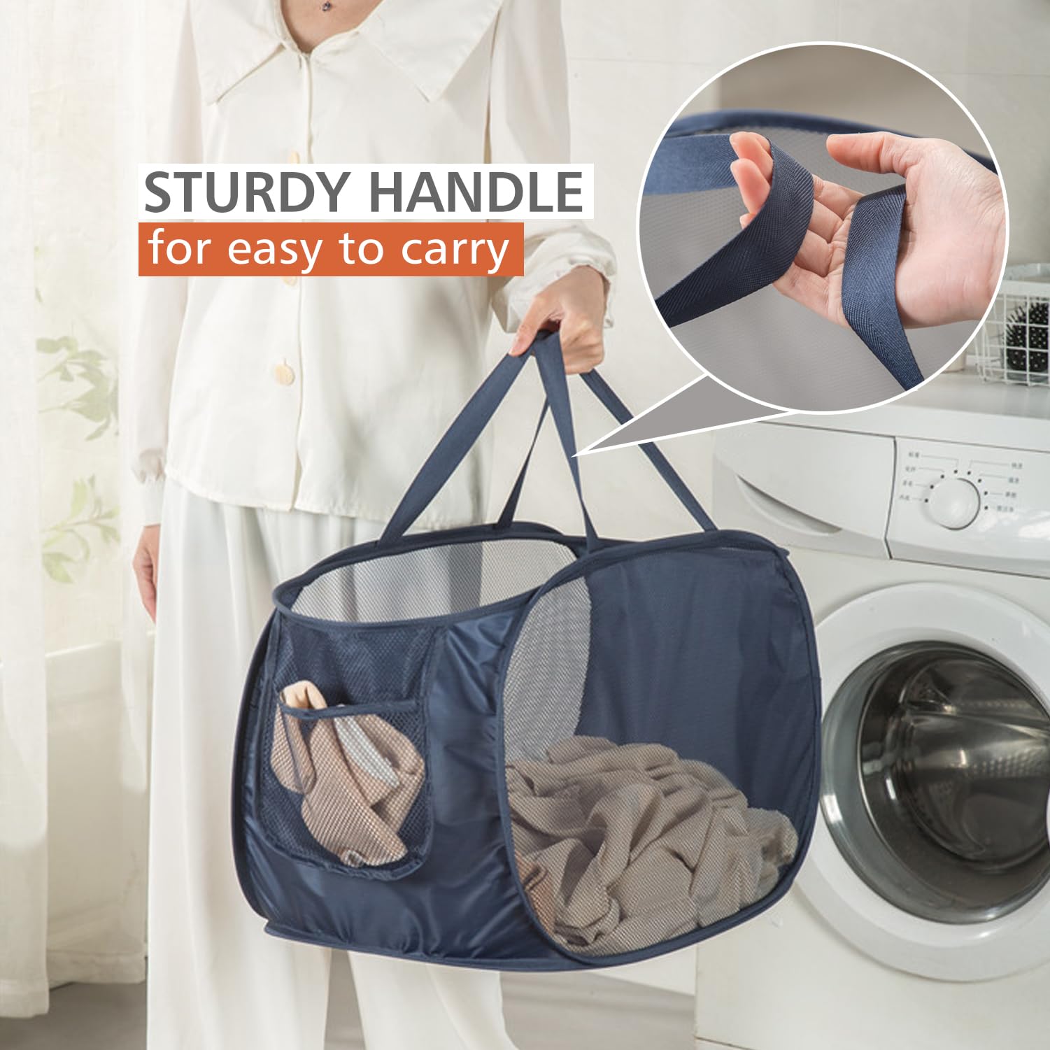 Honoma Sturdy Mesh Laundry Hamper Basket Bag,Pop Up Basket With Side Pocket For Laundry Room, Bathroom, Kids Room, College Dorm