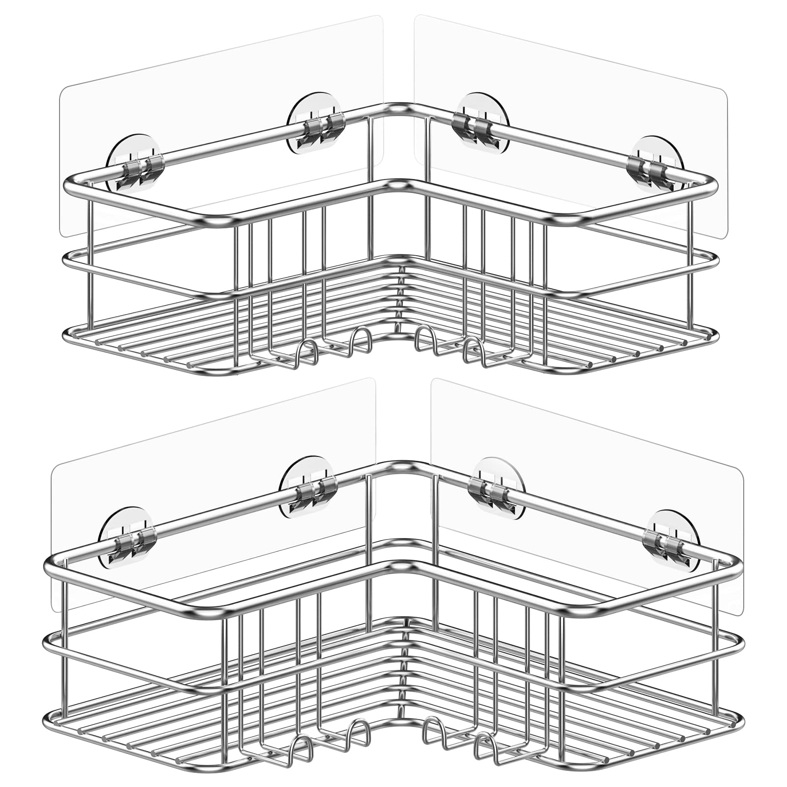 Menbyci Corner Shower Caddy  Adhesive Shower Shelf with Hooks  Stainless Steel Rustproof Bathroom Storage Organizer  No Drilling Shower Shampoo Holder Wall Mounted  2-Pack