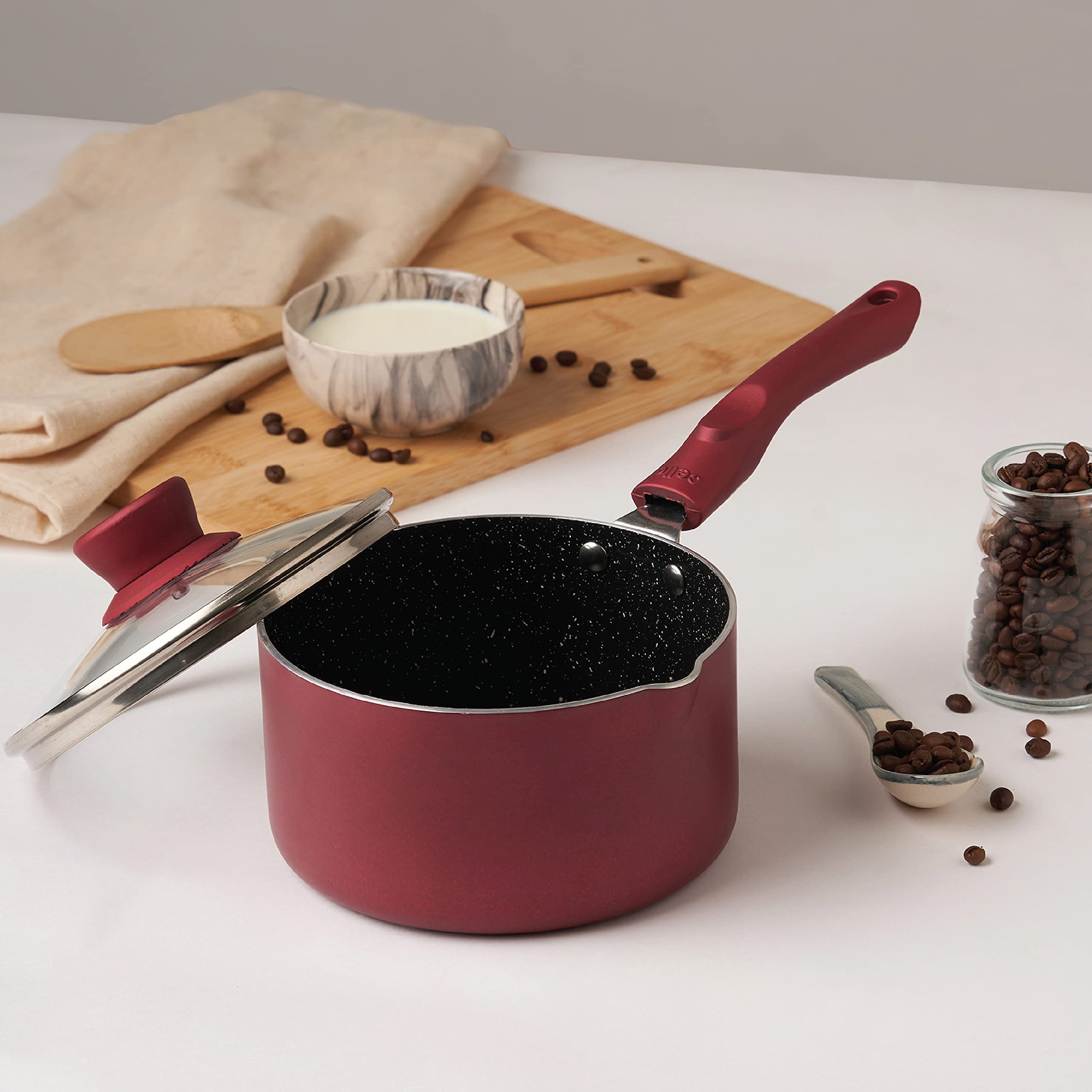 Cello Crown Induction Base Non Stick Saucepan with Glass Lid 1.5 Liter, Maroon