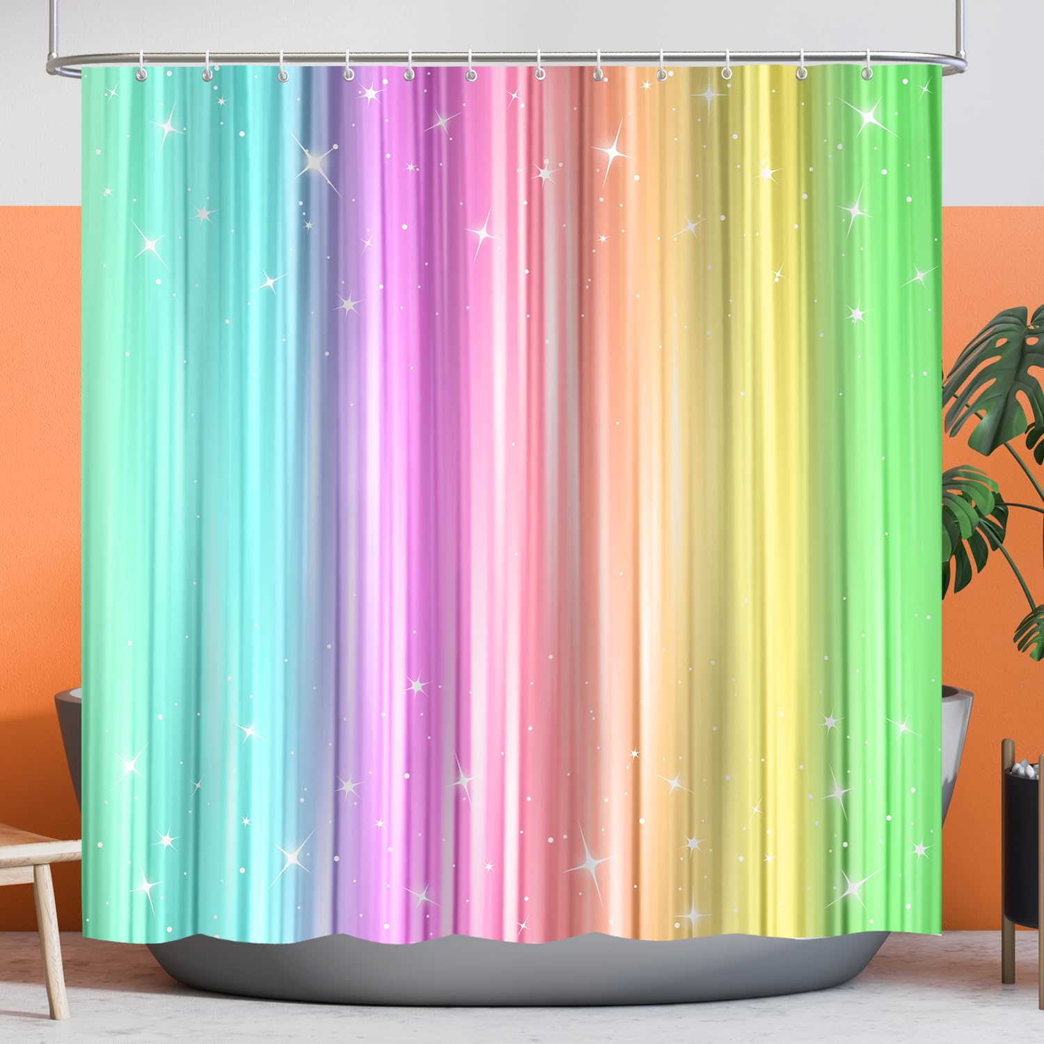 Lokigo Teal And Pink Shower Curtains For Bathroom, Ombre Colorful Cloth Fabric Shower Curtain Set With 12 Hooks, Light Blue Gree