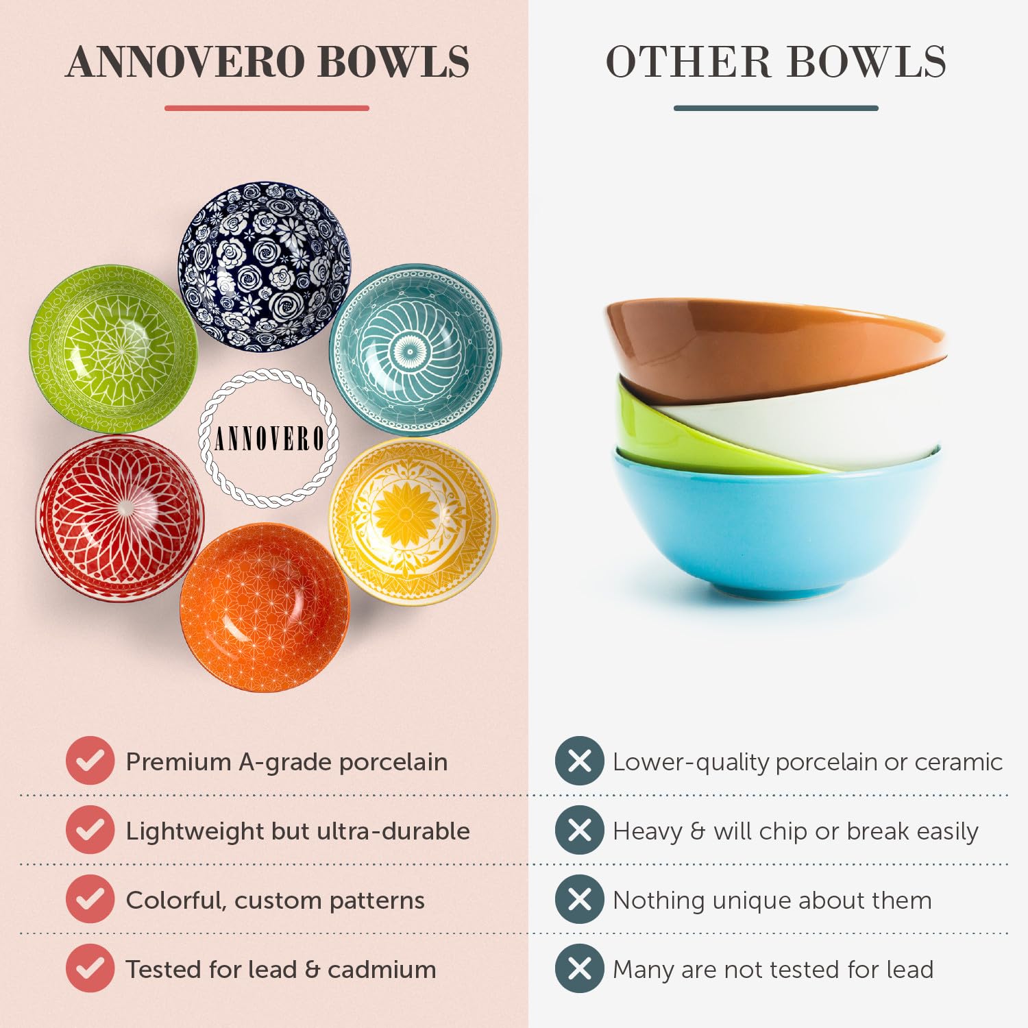 Annovero 23 Oz Bowls | Deep Cereal Bowls Set Of 6 | Colorful Porcelain Bowls For Serving Breakfast, Dinner, Or Small Dish Of Sou