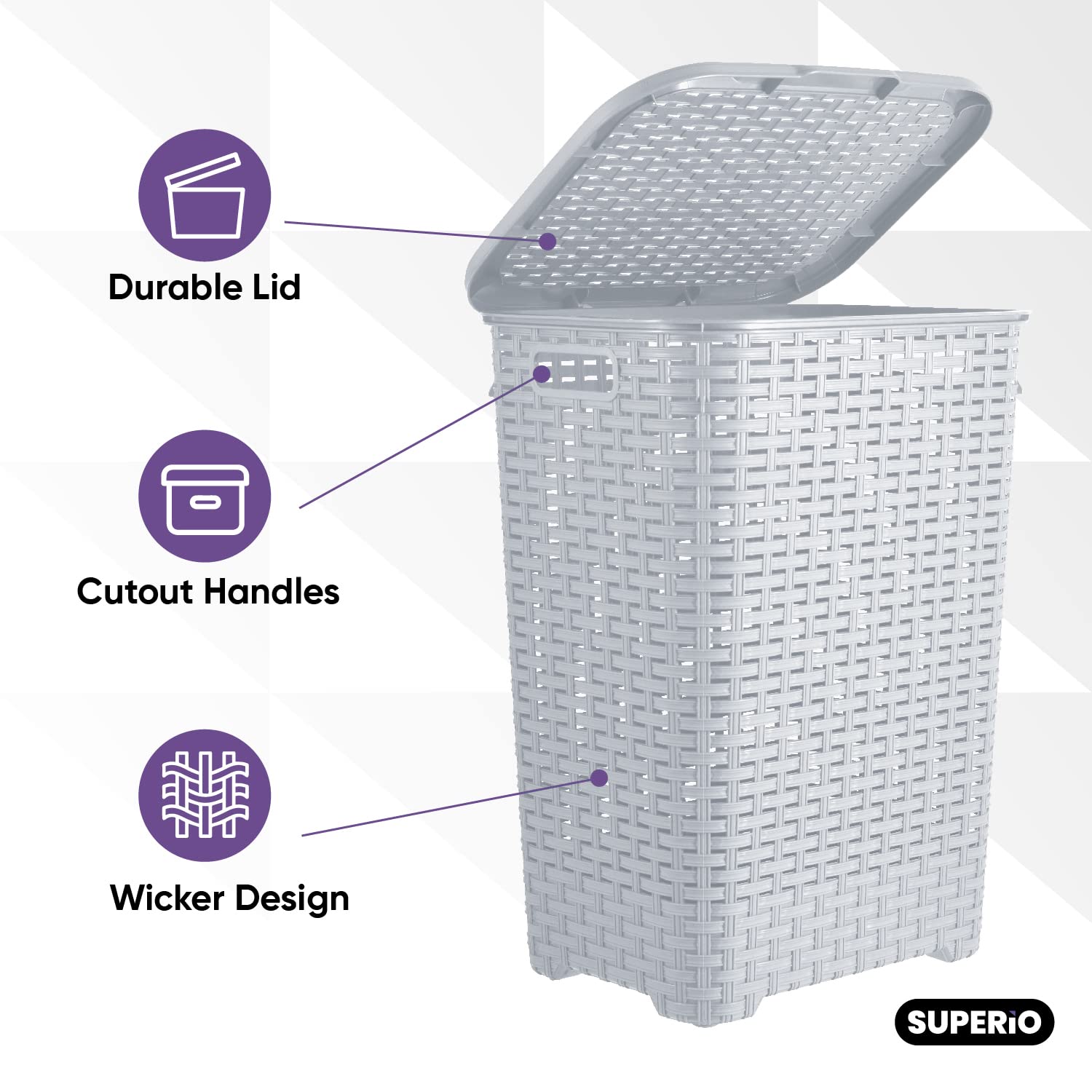 Plastic Laundry Hamper With Lid 3 Pack Laundry Hamper Basket, White Smoke Tall Cloths Hamper Organizer With Cut-Out Handles. Spa