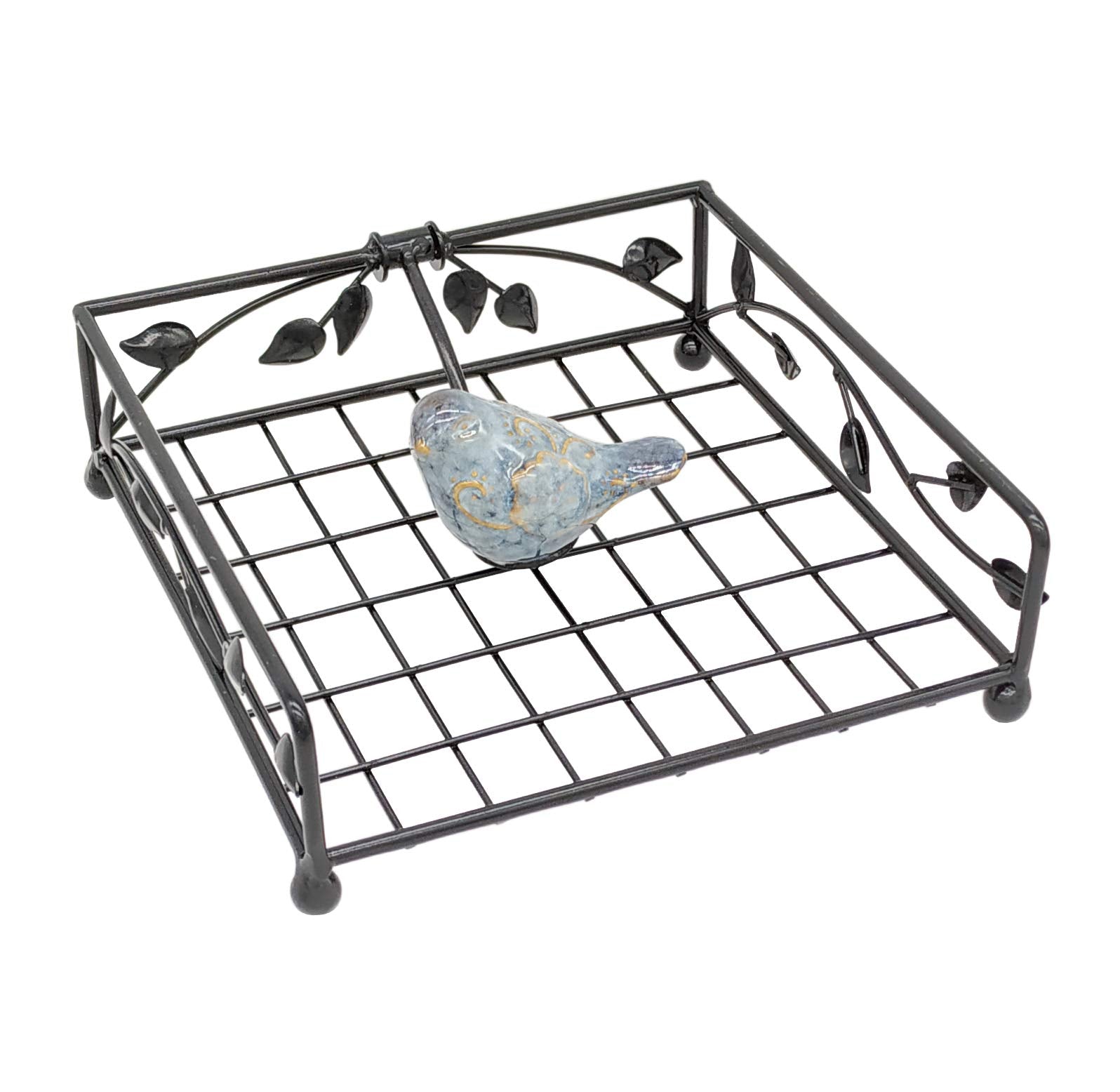 OwlGift Collection Black Coated Metal Flat Napkin Holder Dispensing Stand w/Ceramic Bird  Kitchen and Countertop Flat Napkin Storage Organizer