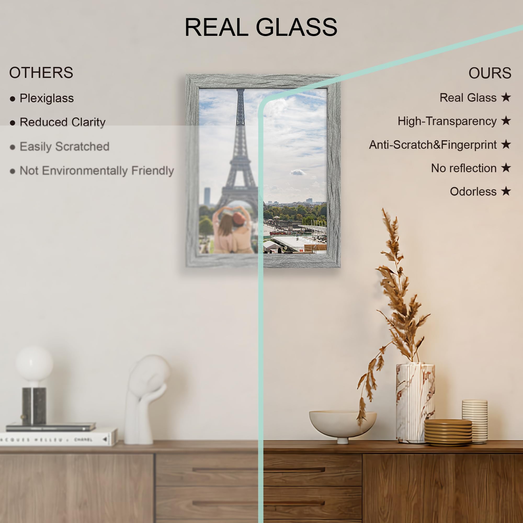 Hongkee 10x13 Picture Frame Set of 4, Made of Real Glass and Grey Frame, 10 by 13 Photo for Wall or Tabletop - Display Picture 8