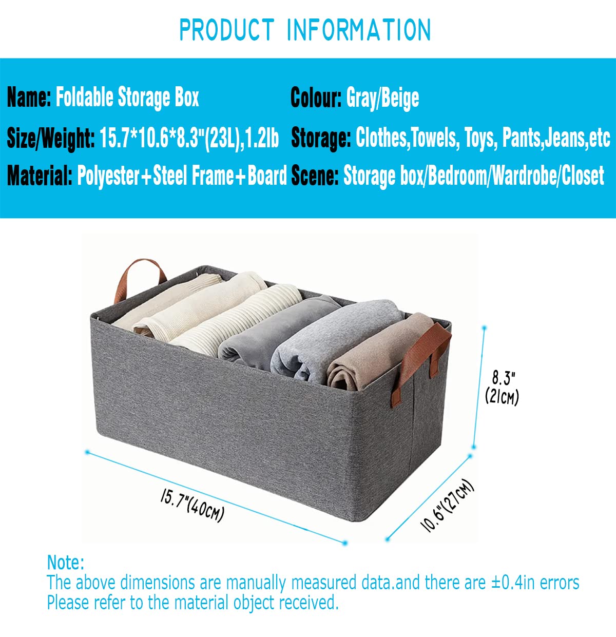 Aarainbow 4 Pcs Closet Clothes Organizer Bins, Fabric Storage Box With Steel Frame Stackable Shelf Storage Baskets Large, Fabric