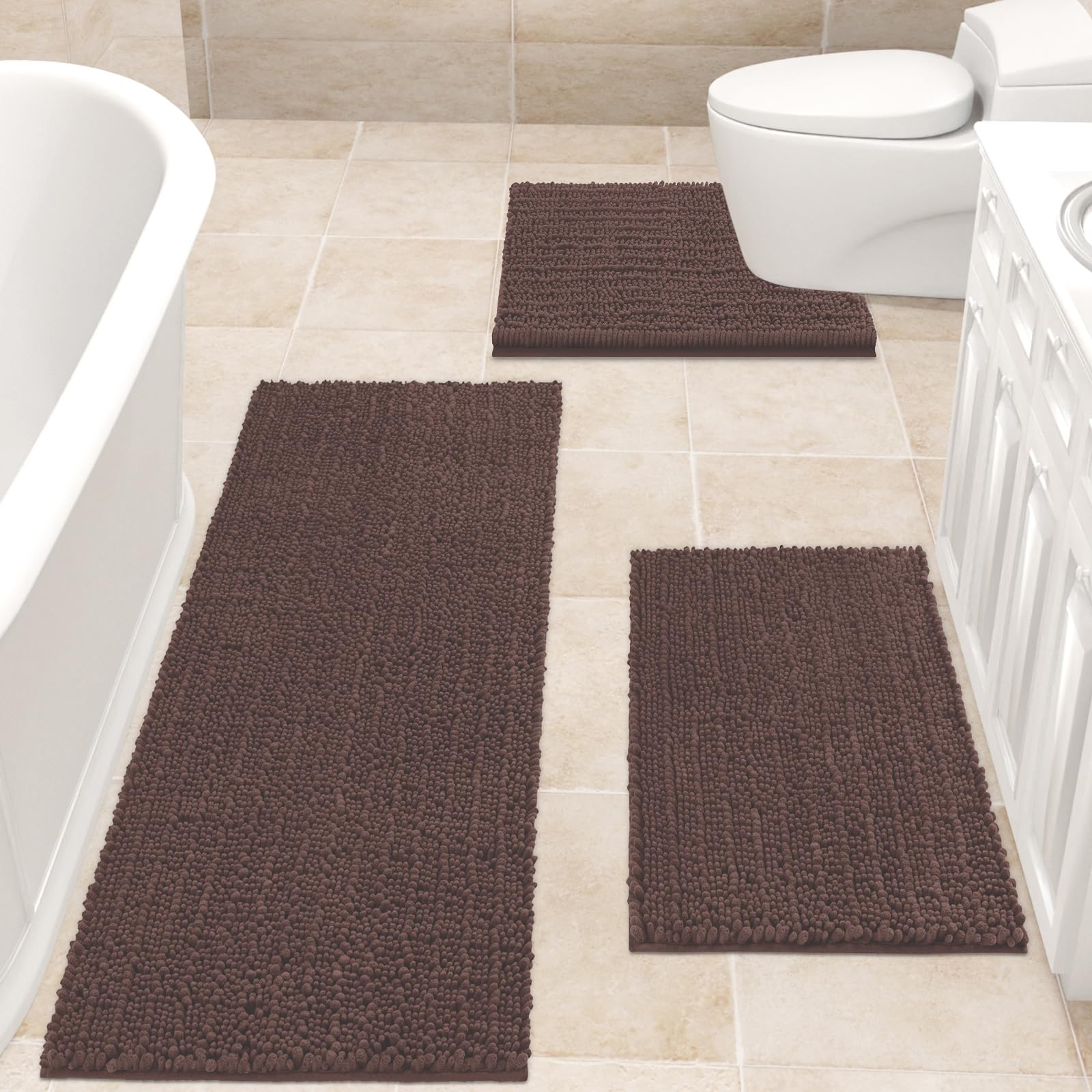 Accumtek Upgrade Extra Large Brown Bathroom Rug Set 3 Pieces Ultra Soft, Thick Absorbent Bath Mats, Non Slip Chenille Toilet Mat