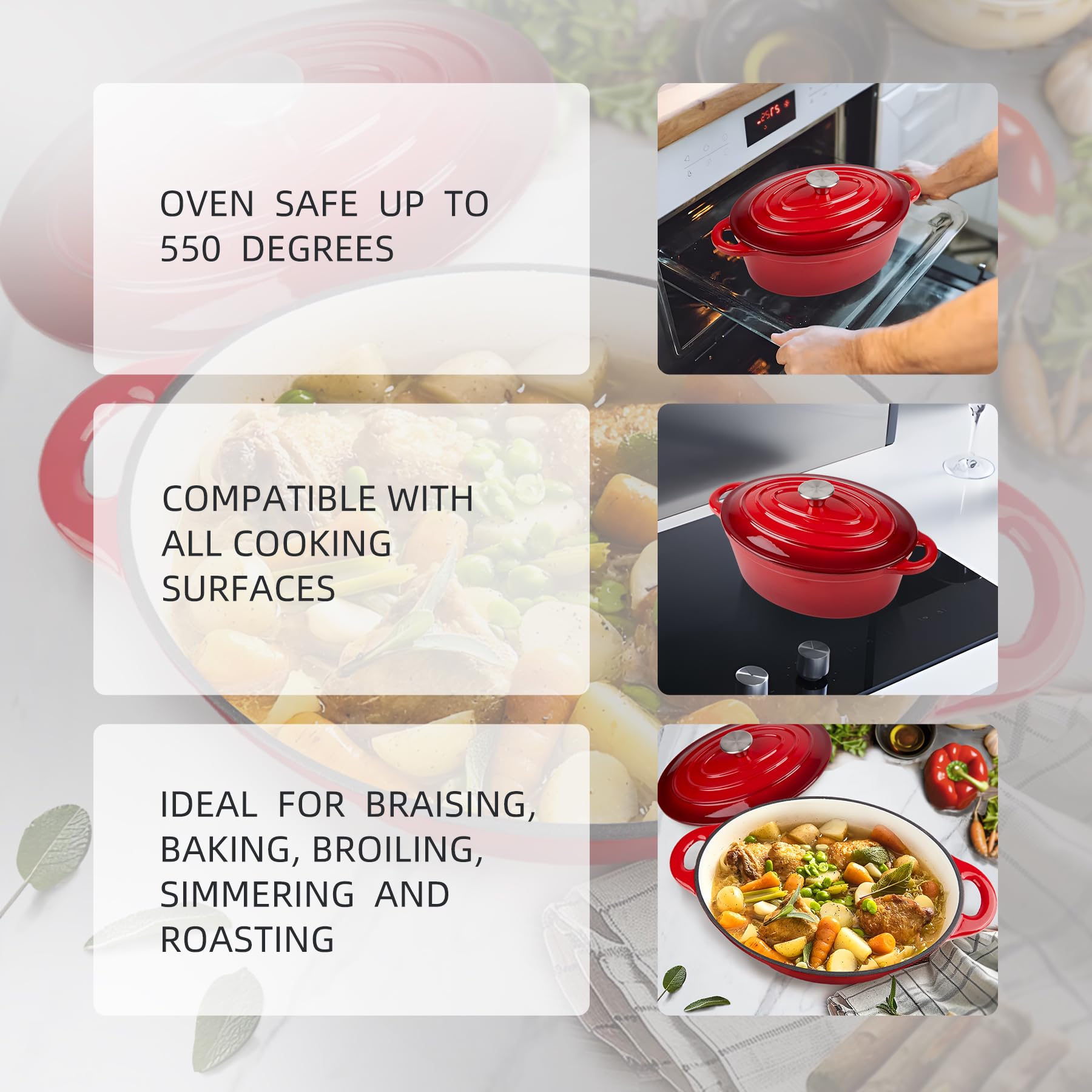 5.5 Quart Oval Enameled Cast Iron Dutch Oven Pot With Lid, Oven Safe Up To 550 F & Dishwasher Safe, Sturdy Dutch Oven Cookware