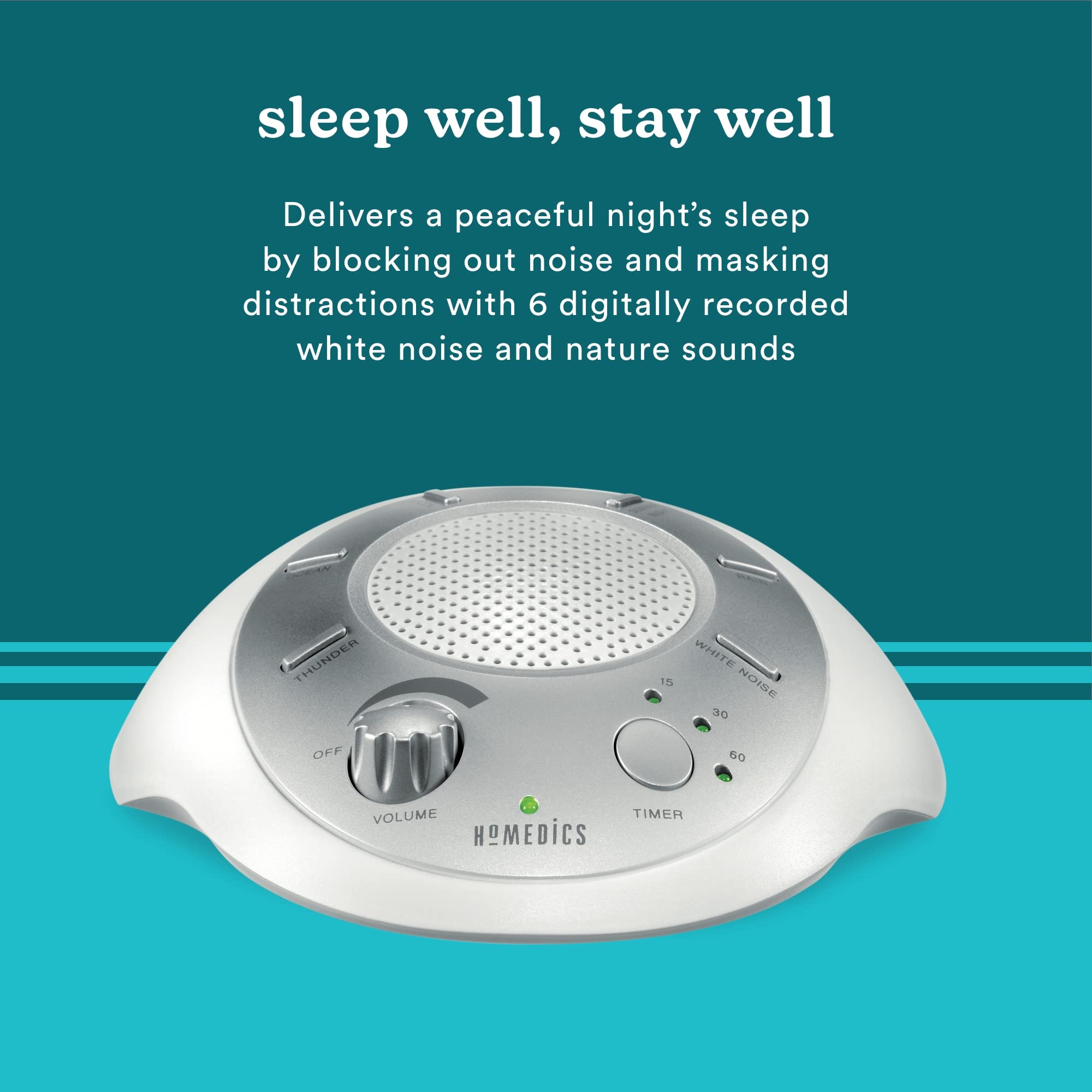 Homedics Soundsleep White Noise Sound Machine, Silver, Small Travel Sound Machine With 6 Relaxing Nature Sounds, Portable Sound
