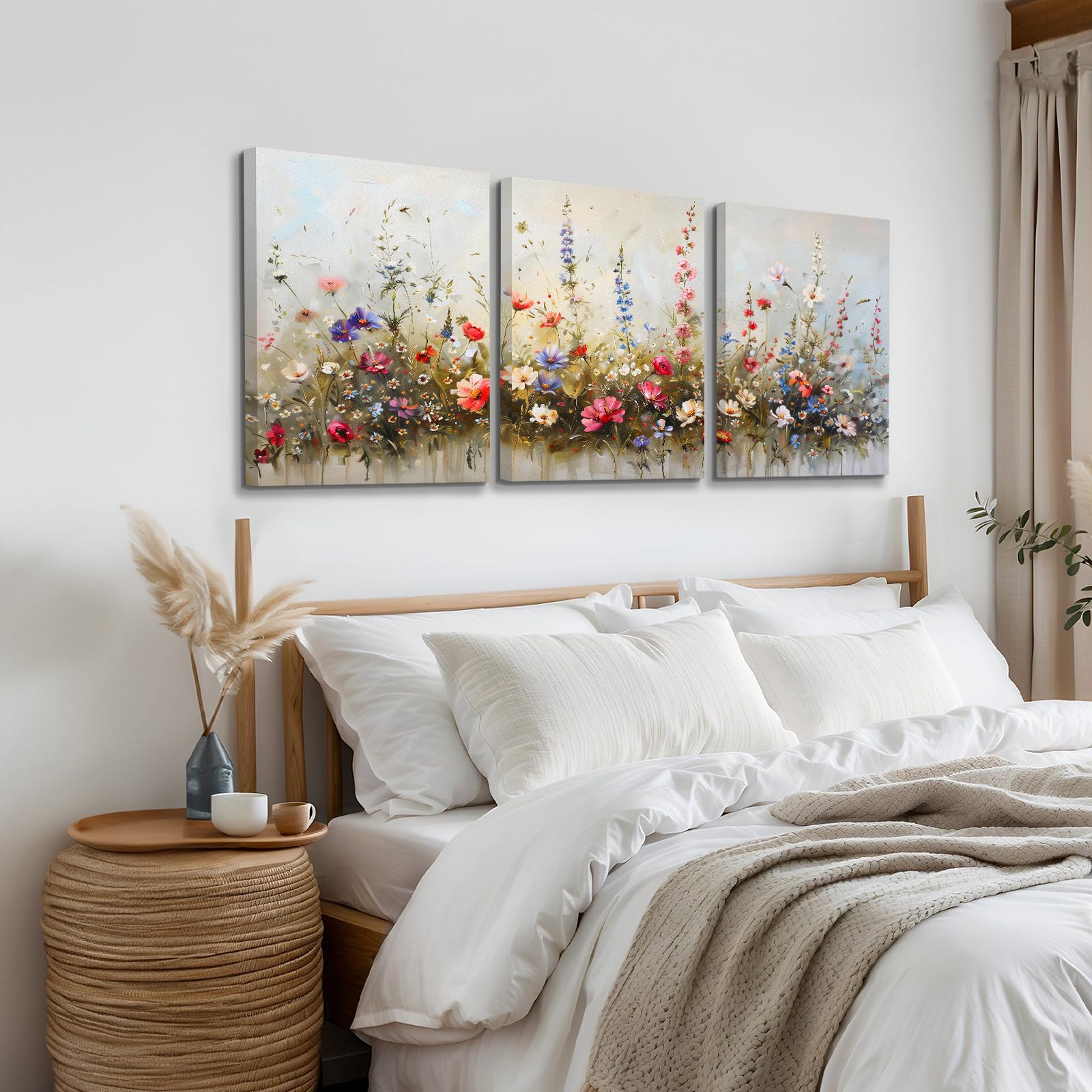 Serimino Large Wall Art For Living Room Canvas Prints, Nature Floral Botanical Wall Art Set 3 Piece Farmhouse Decor, Misty Flowe