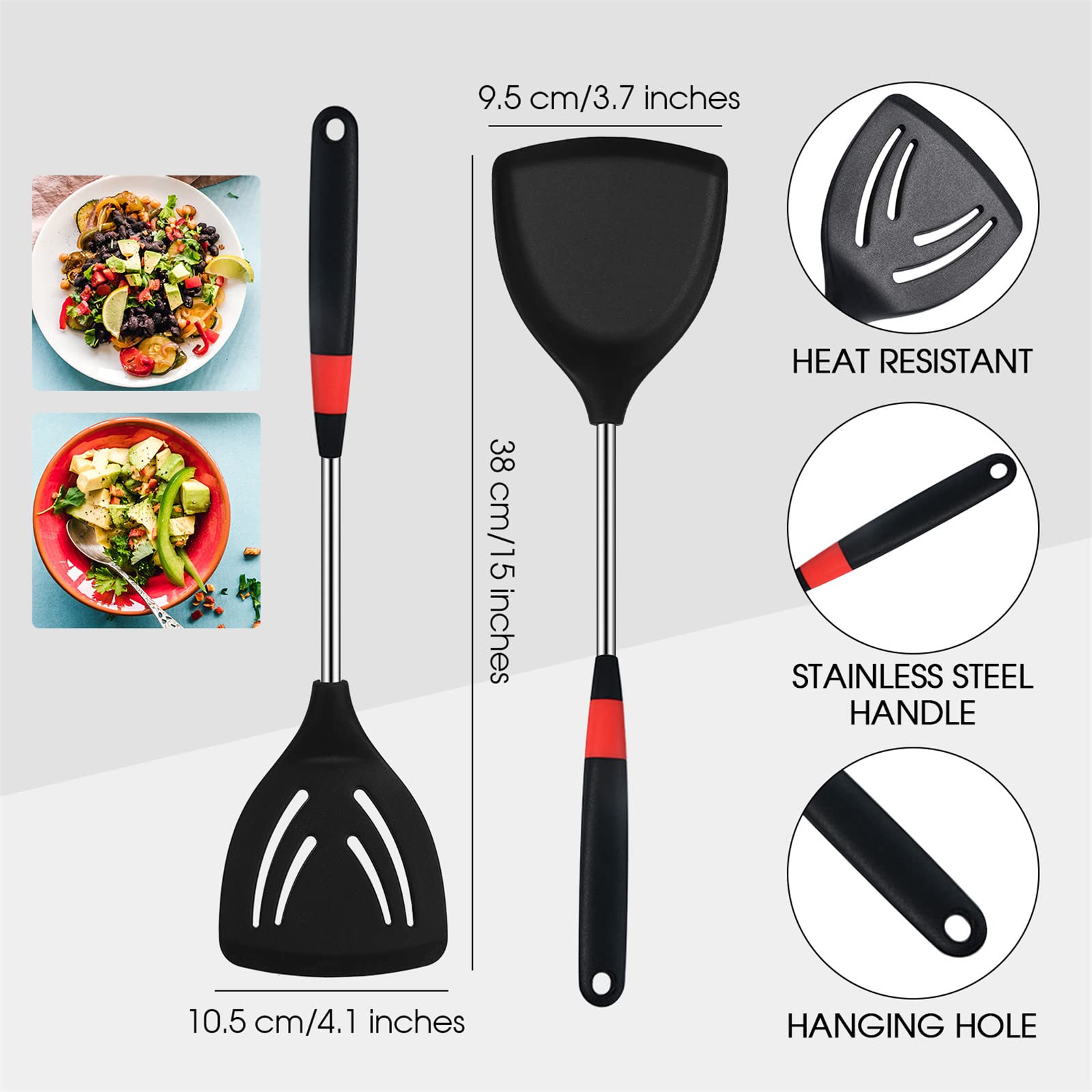 3 Pieces Silicone Stainless Steel Turner Spatula Set Includes Flexible Silicone Wok Spatula Slotted Spatula Skimmer Slotted Spoo
