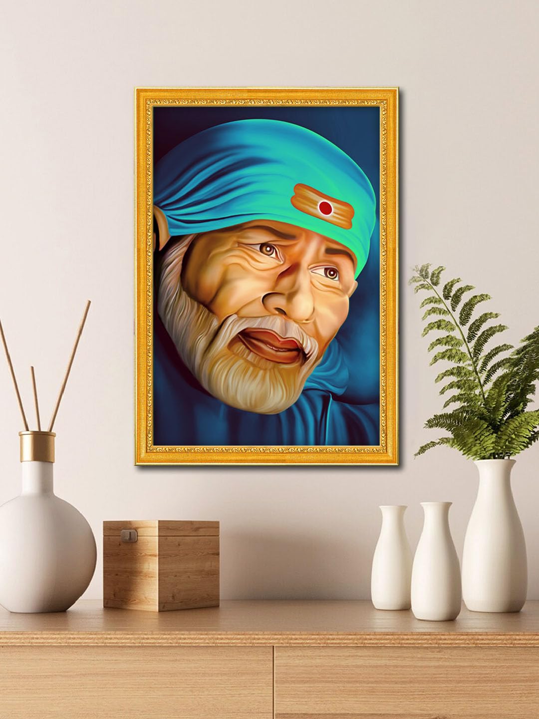999STORE Lord Sai Baba Poster Painting With Framing Photo Frame For Mandir/Temple Sai Baba Poster (MDF & Fiber_12X18 Inches) God