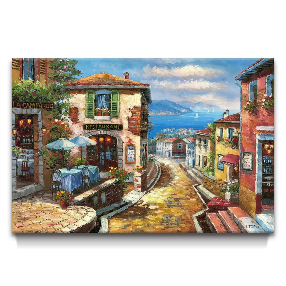 Utop-Art Coastal Cityscape Oil Painting Artwork: Italian Town Canvas Wall Art Mediterranean Style Street Painting For Living Roo