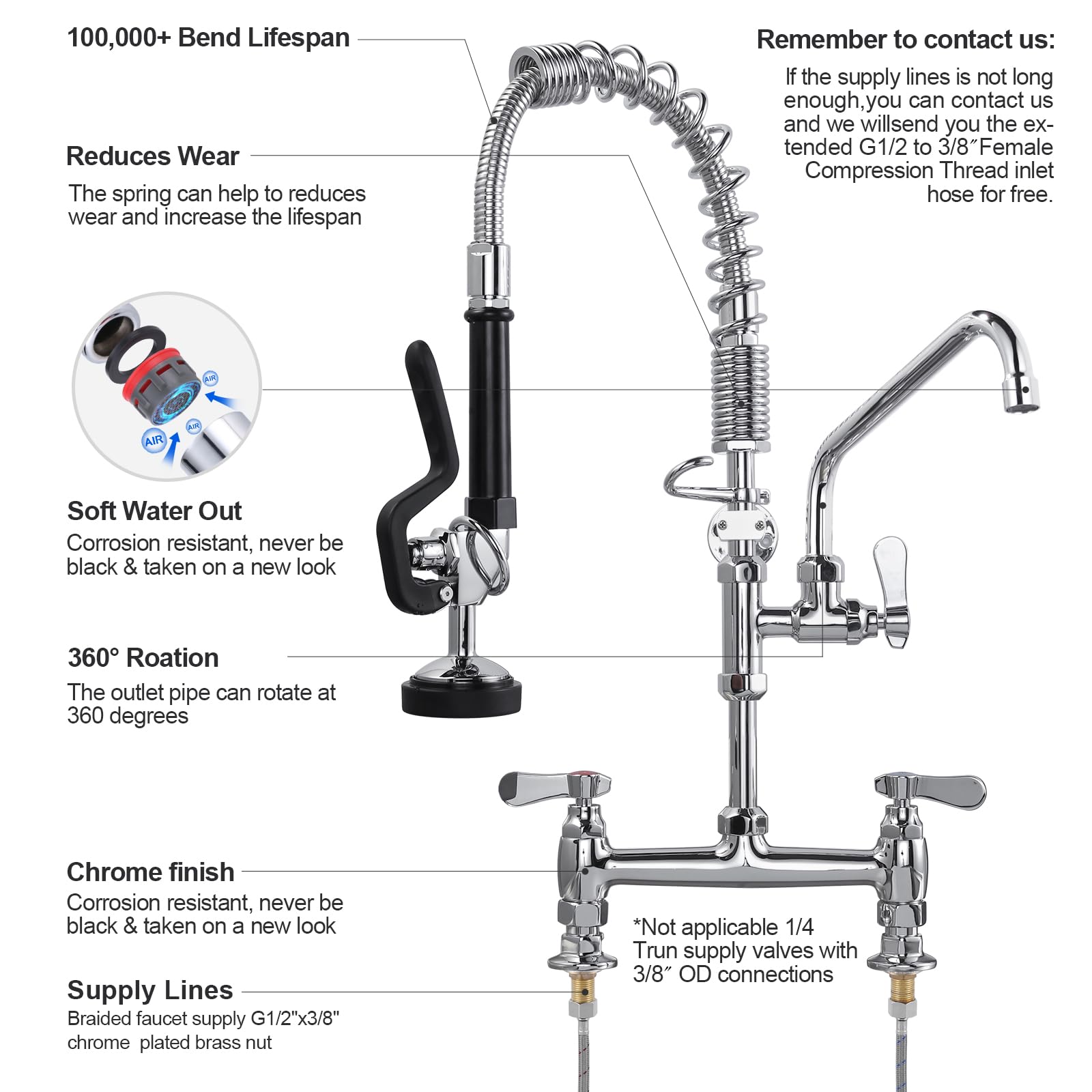 Iviga Commercial Kitchen Faucet Deck Mount With Pre-Rinse Sprayer 21'' Height Kitchen Sink Faucet 8 Inch Center With 10'' Add-On