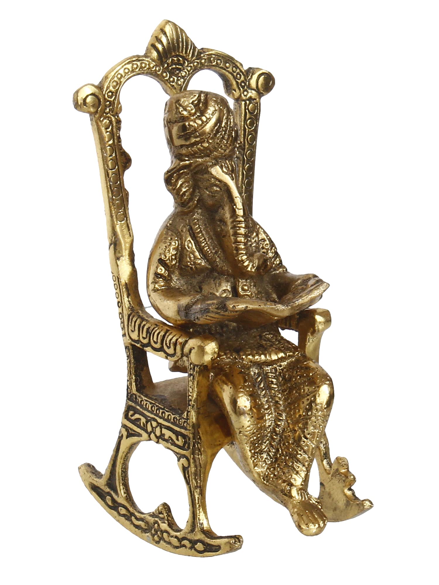 Ecraftindia Golden Metal Lord Ganesha Idol Reading Book On Rocking Chair - Decorative Hindu God Statue For Home Decor - Gift For