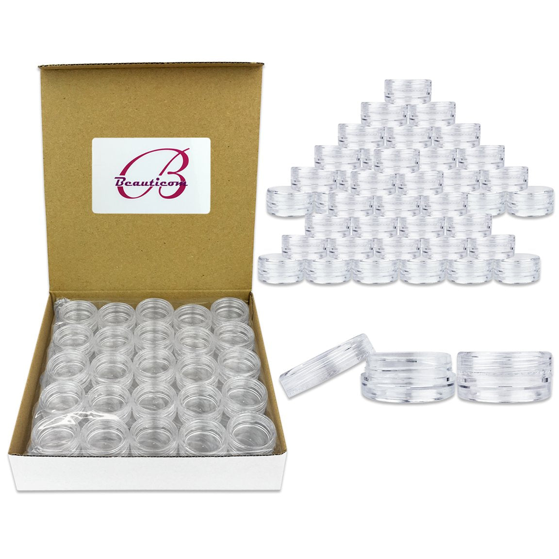 (Quantity: 100Pcs) Beauticom 3G/3Ml Round Clear Jars With Screw Cap Lids For Powdered Eyeshadow, Cosmetic Samples