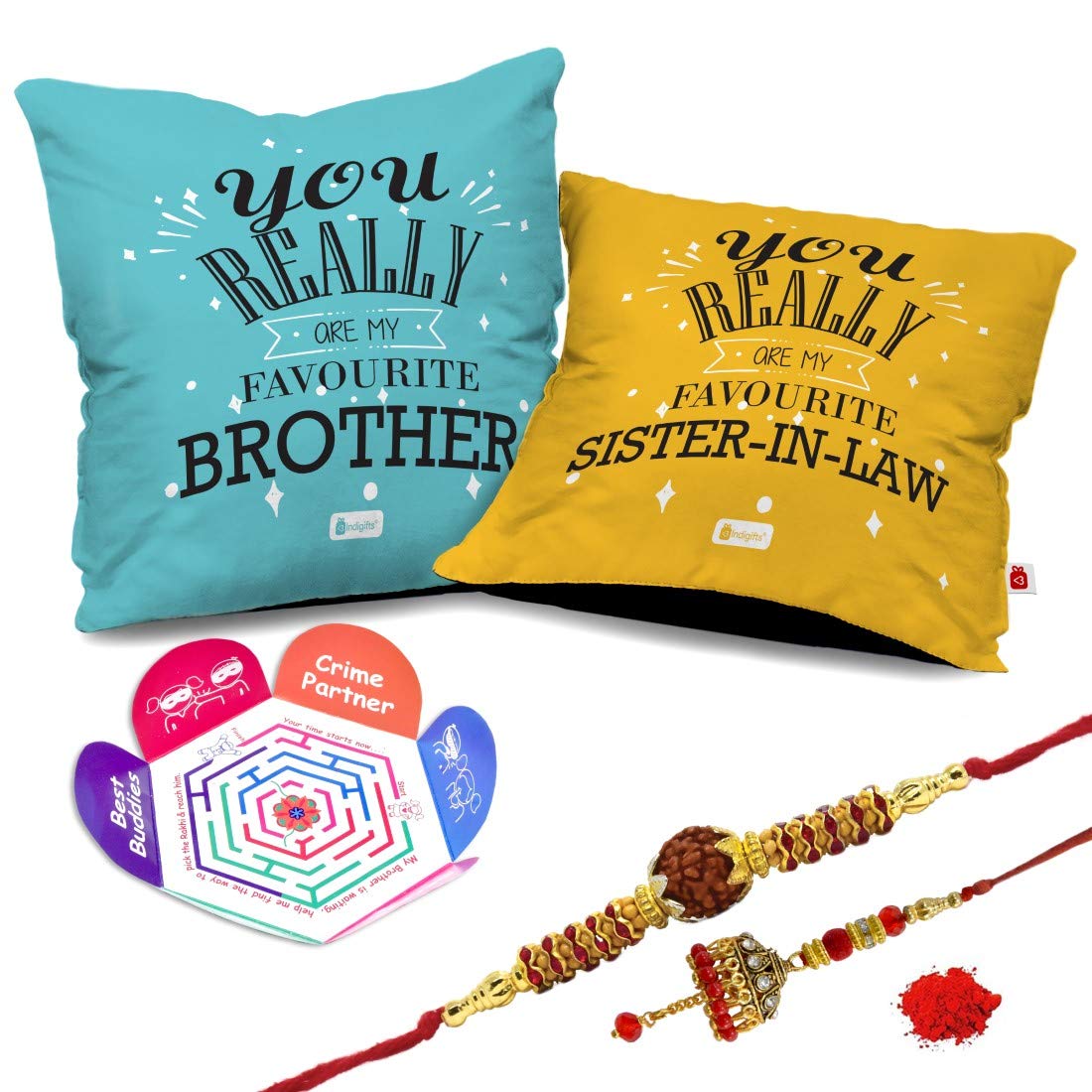 Indigifts Satin Favourite Brother and Sister in Law Printed Cushion Cover with Filler, Rudraksha and Lumba Rakhi Set for Bhaiya 