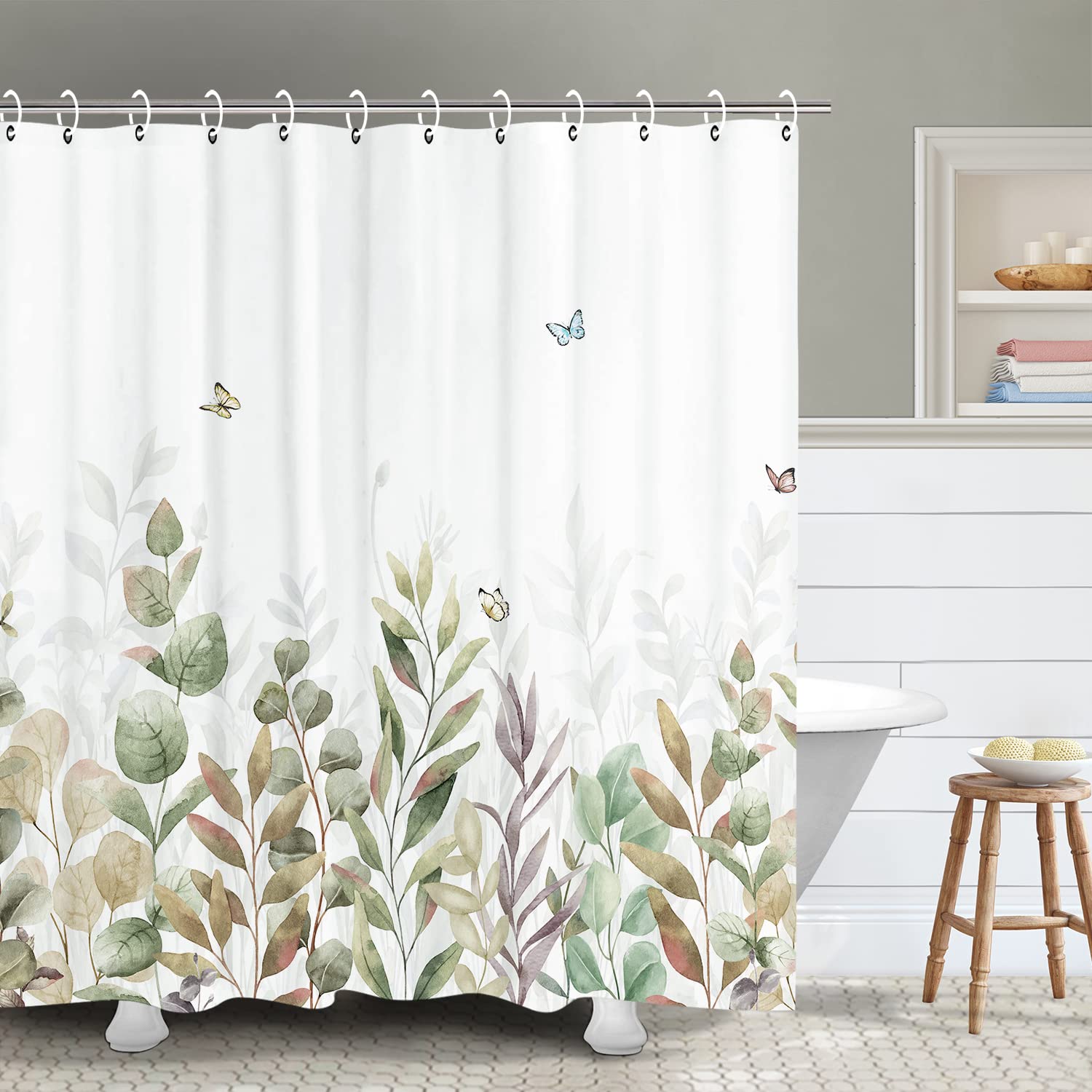 Rosielily Plant Shower Curtain Botanical Shower Curtain Beige Leaves Eucalyptus Shower Curtain With Hooks Neutral Tan Fabric Sho