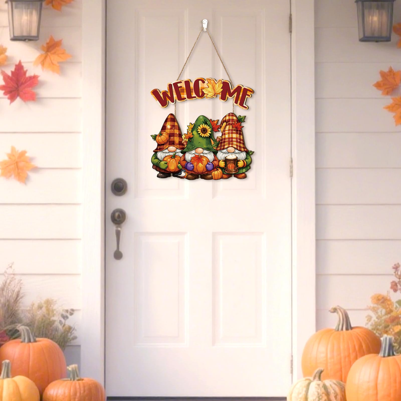 Aurlan Fall Welcome Door Sign,Hello Autumn Gnome Wooden Sign,Rustic Pumpkin Wood Wall Sign,Fall Gnome Wall Decor,Autumn Maple Le