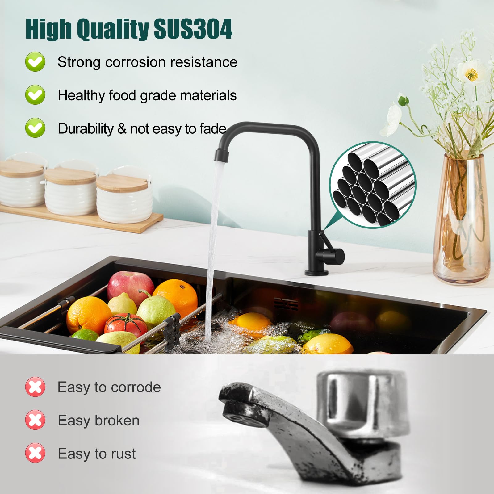 Heyalan Matte Black Faucet Cold Water OnlySingle Lever Handle SUS304 Sink Bar Tap 360 Degree Swivel Spout Decked Mounted Longer Thread Pipe