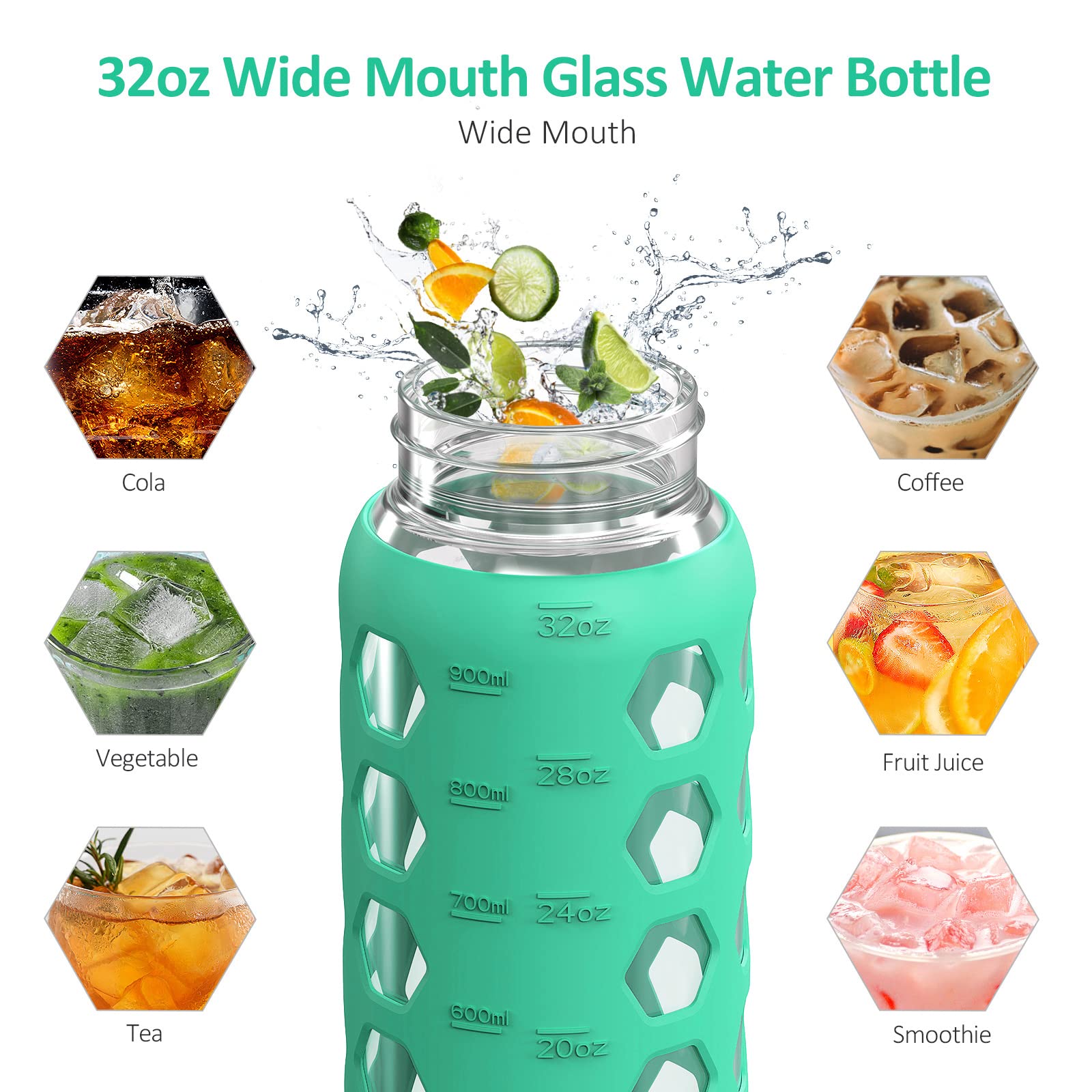 Mukoko 32Oz Glass Water Bottles With 2 Lids-Handle Spout Lid&Bamboo Straw Lid, Motivational Water Tumbler With Time Marker Remin
