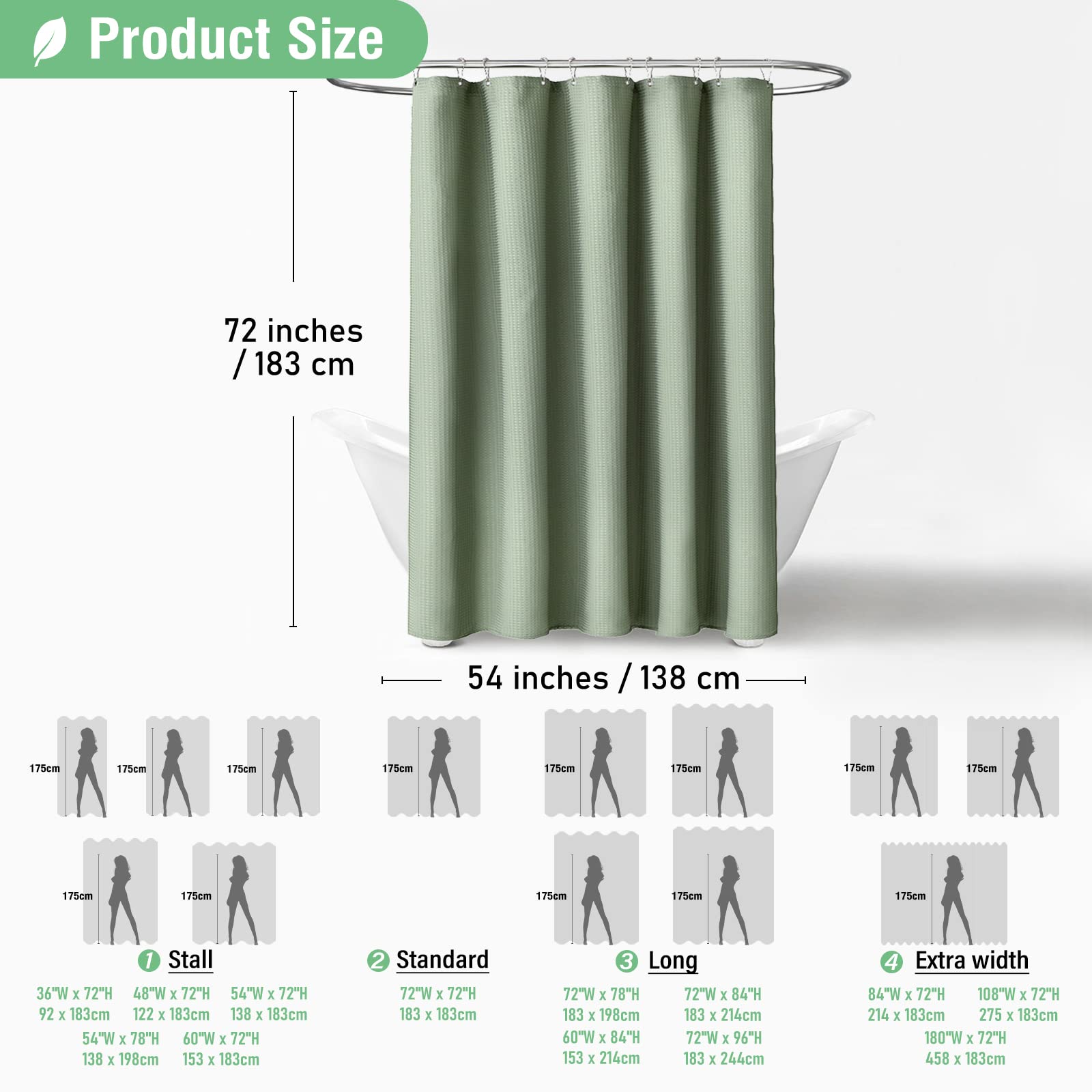 Dynamene Stall Fabric Shower Curtain - 54 Inch Wide Waffle Weave Weighted Thick Cloth Shower Curtains For Bathroom, Heavy Duty H