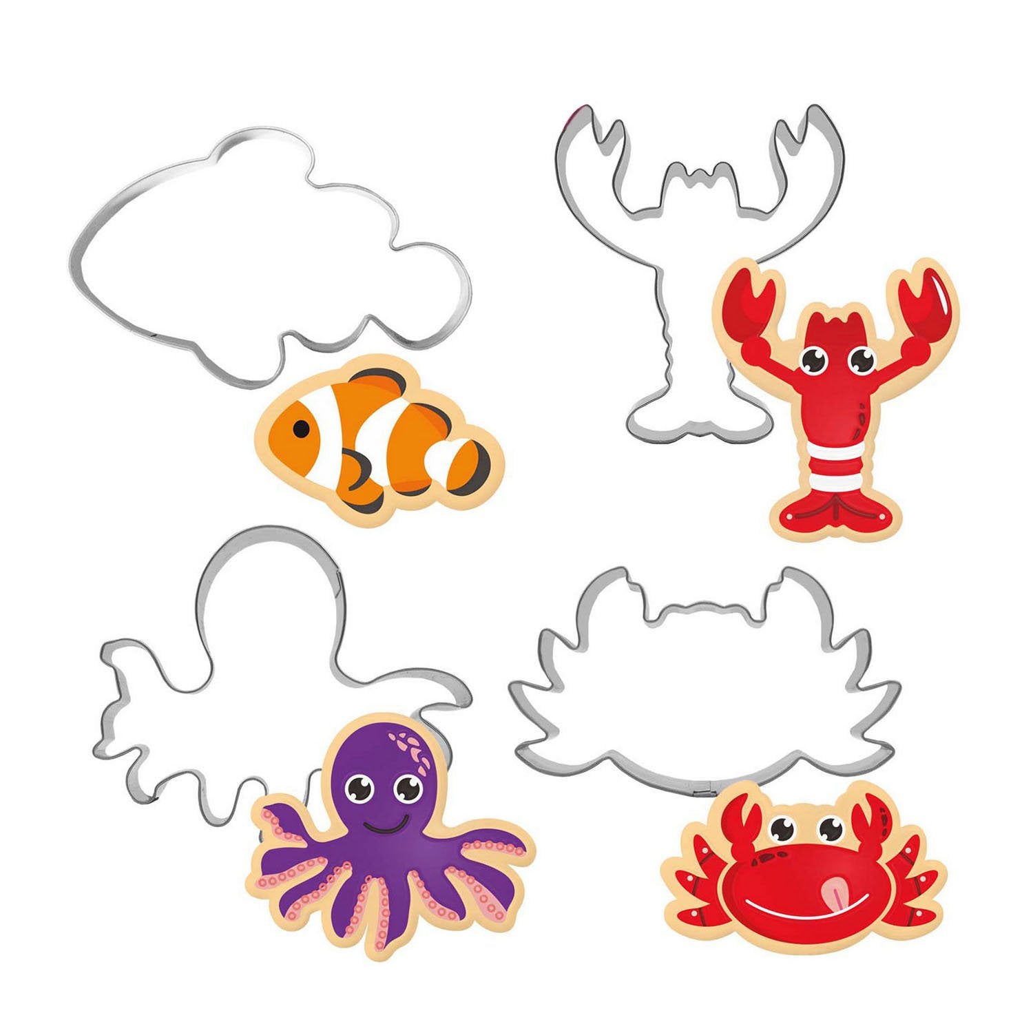 GXHUANG 4 Packs Lobster Octopus Crab Fish Sugar Cookie Cutters Set - Stainless Steel
