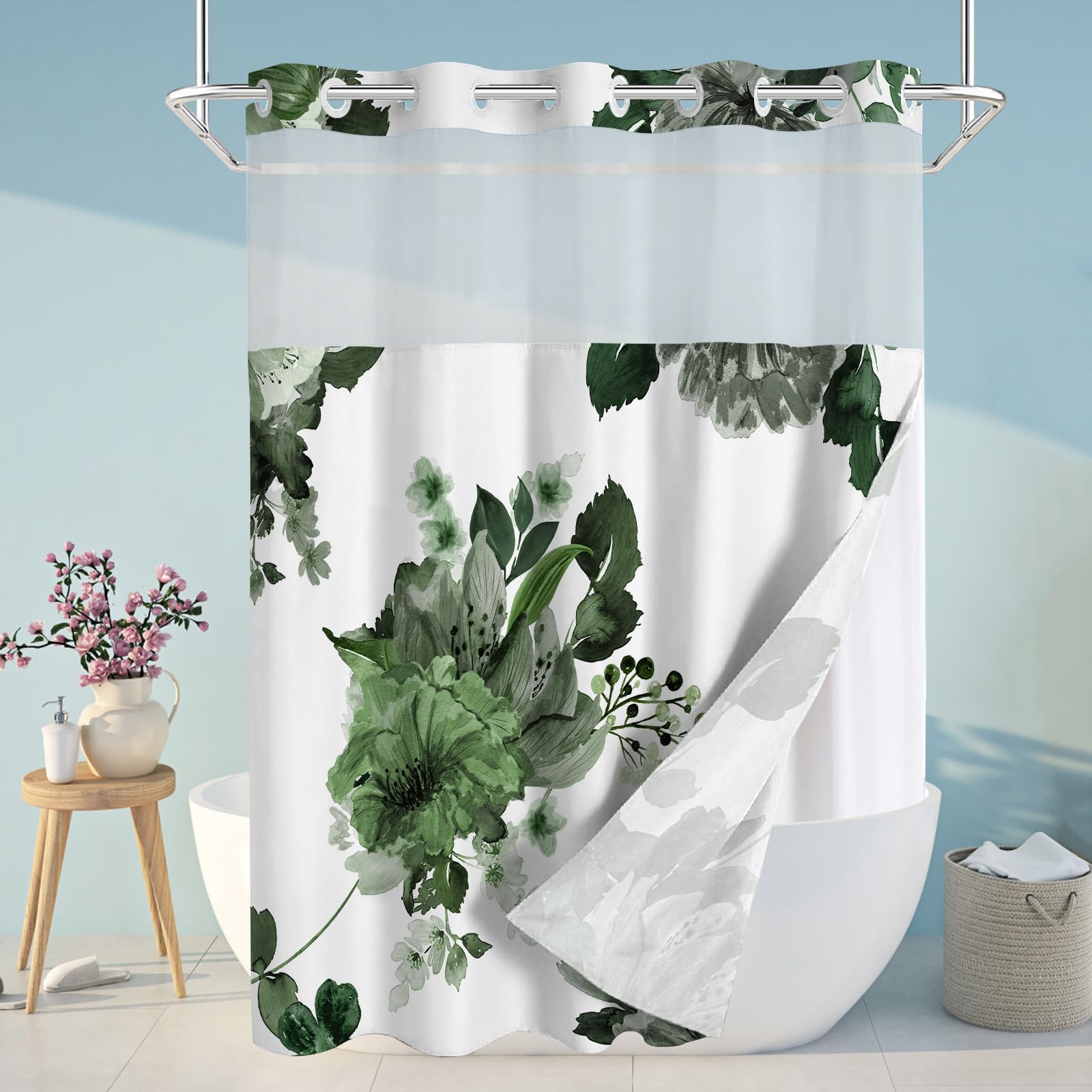 Sscrcusly No Hook Shower Curtain With Snap In Liner Set, Green Floral And White Modern Hotel Style For Bathroom, 71X84 Inches