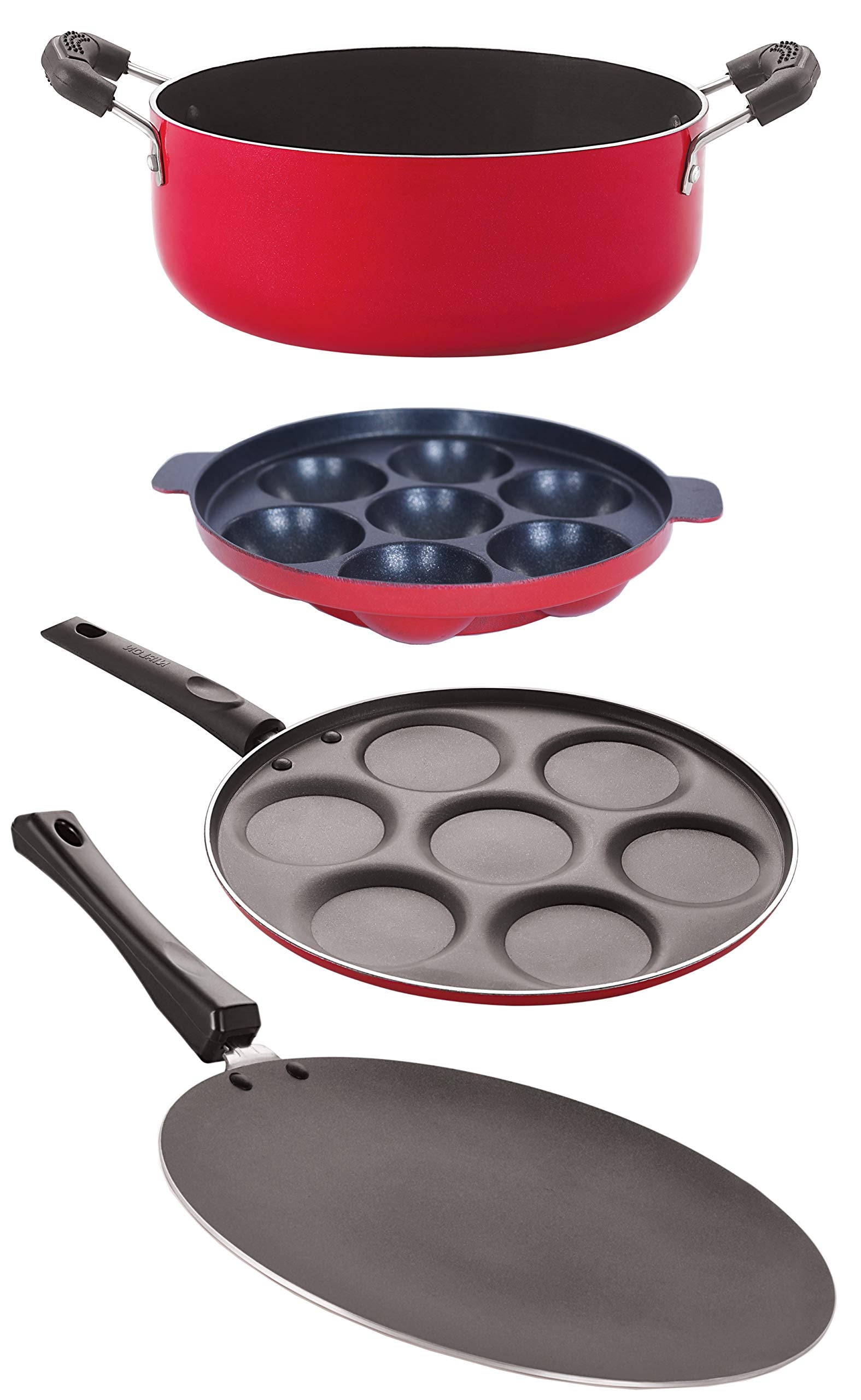 Nirlon Non Stick Gift 4 Pieces Set Aluminium Red & Black (Concave Tawa 27.5Cm + Uttapam 7 Cavity + Appam 7 Cavity + Casserole 3.