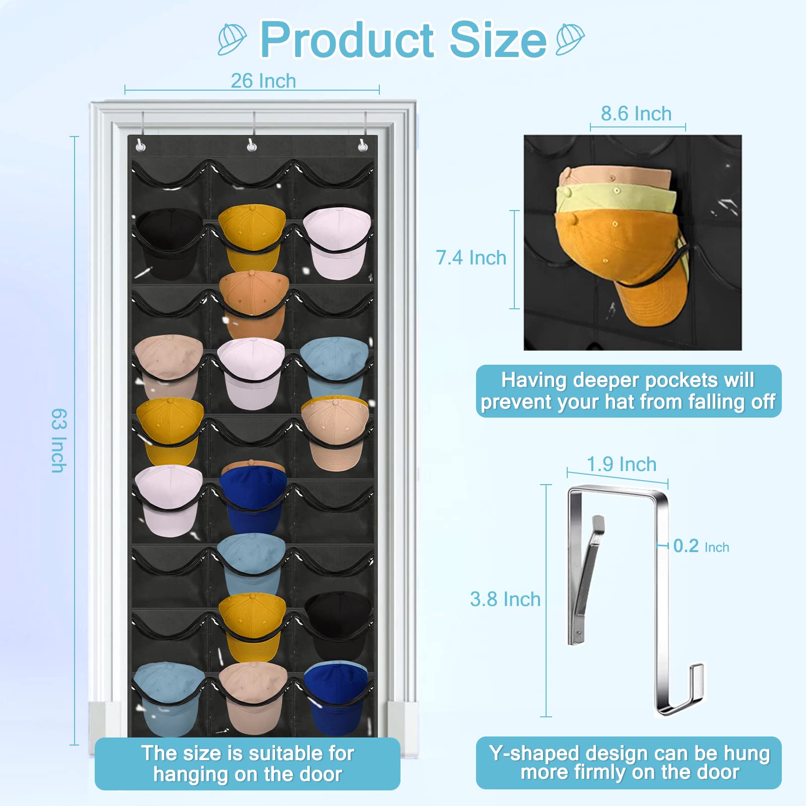 Owkjar 27 Large Pockets Hat Organizer For Baseball Caps,Hat Rack With 6 Hooks Over The Door Or Wall Multiple Caps Display Storag