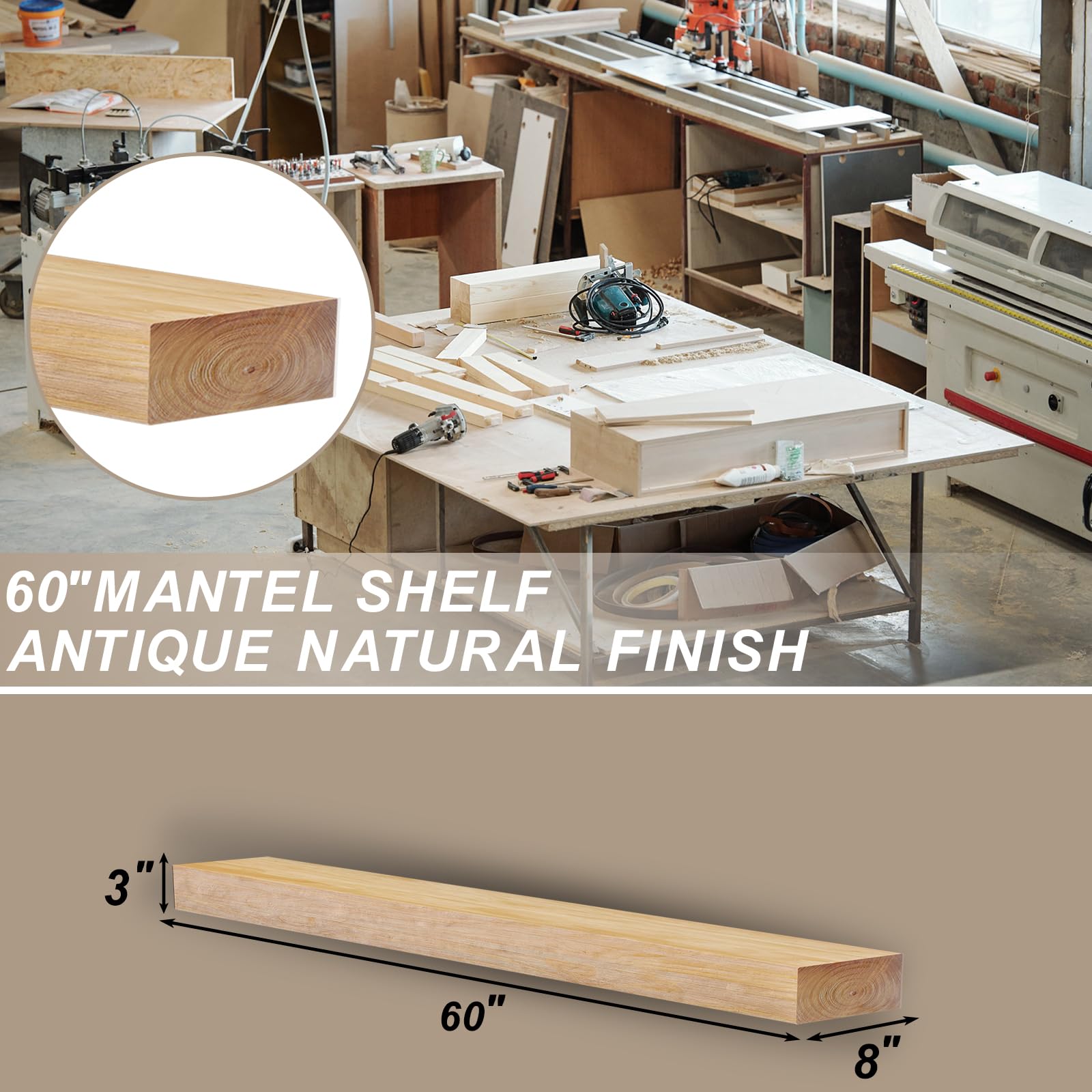 Roomtec Fireplace Mantel,60'' Wood Floating Fireplace Shelves,Wall Mounted Wooden Display Shelving,Handcrafted Wood Brack,Natura