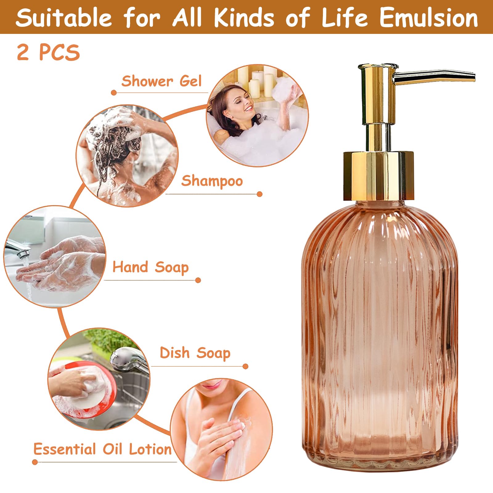 Glass Soap Dispenser With Gold Plastic Pump, 13.5Oz Refillable Liquid Hand Soap Dispenser, 2 Pack Crystal Lotion Bottle For Mode