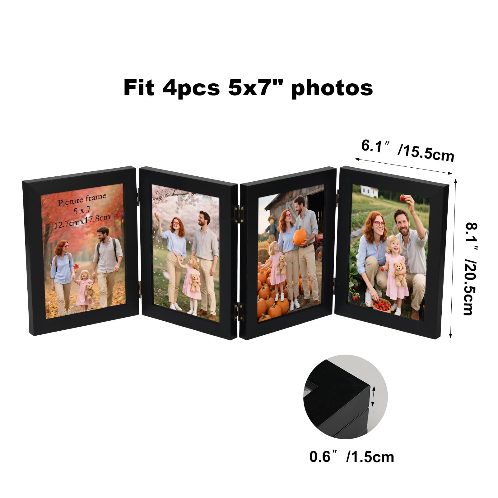 Giftgarden 4 Folding 5x7 Picture Frame, Hinged Photo Frames for Desktop Family Photo Collage, Gifts for Mom Mother Christmas, Bl