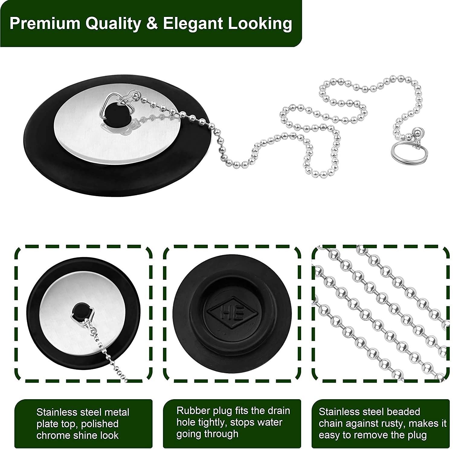 3Pcs Rubber Bath Tub Stopper Sink Plugs Kitchen Sink Drain Strainer With Stainless Steel Round Beaded Chain For 1-1/2 Inch To 2