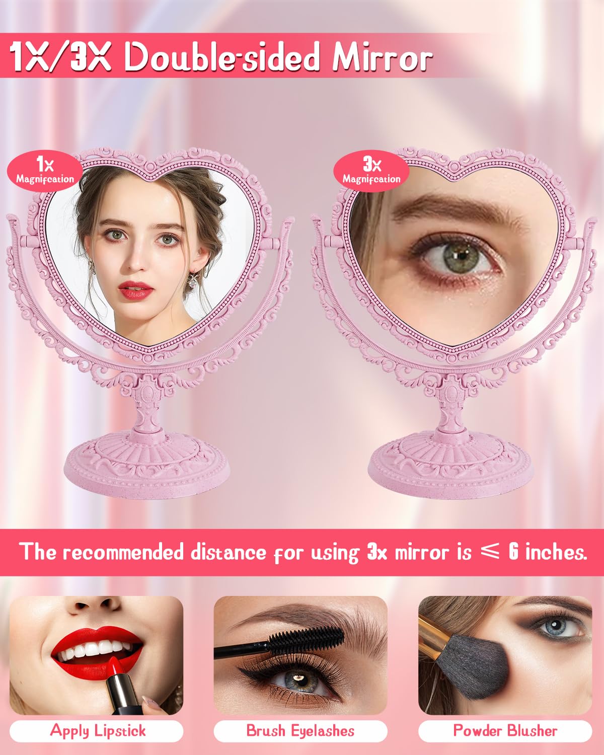 D&X 7-Inch Lovely Heart Mirror 360 Degree Rotation Double Sided Magnifying Makeup Mirror I Bathroom Bedroom Vanity Mirror I Danish Pastel Aesthetic Room Dcor(Pink  Heart-Shaped)