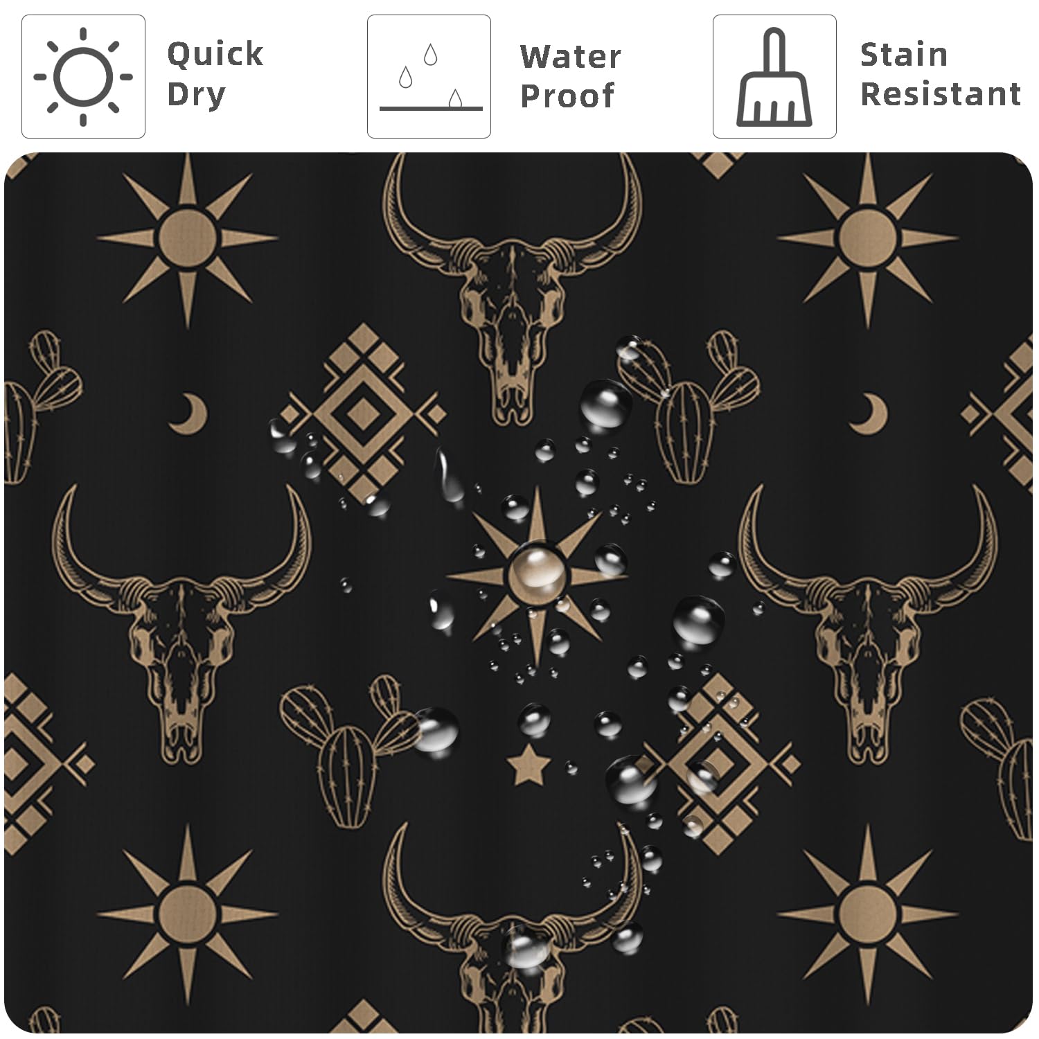 Western Bull Skull Shower Curtain Boho Cow Longhorn Skull Head Cactus Bohemian Black And Gold Shower Curtain With Hooks 72X84 In