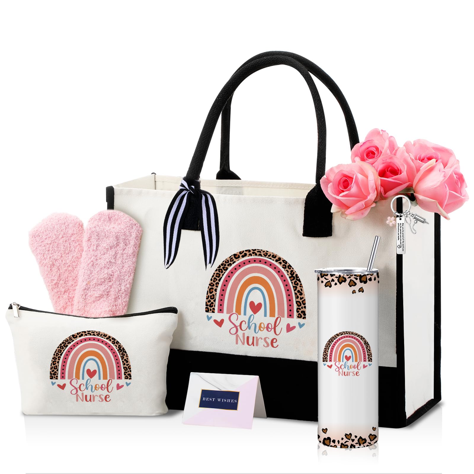 Geiserailie 8 Pcs School Nurse Appreciation Gifts for Women Including Large Tote Bag Cosmetic Bags Tumbler Cup Plush Socks Metal