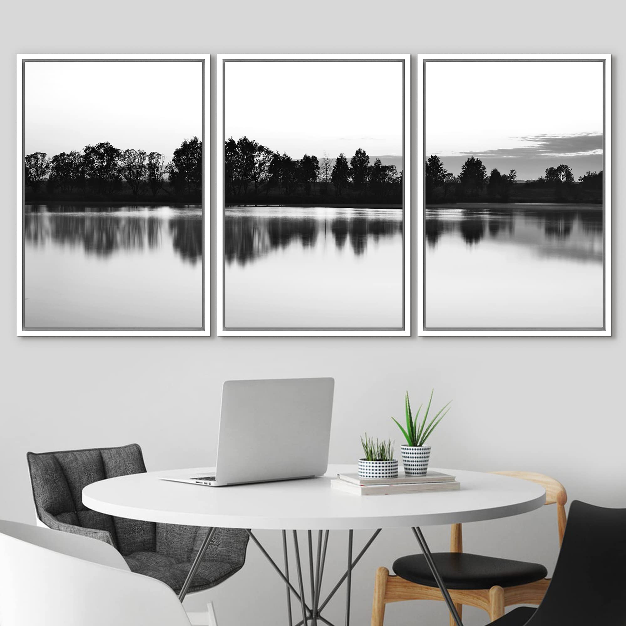 Nwt Framed Canvas Print Wall Art Set Black White Forest Lake Reflection Landscape Nature Wilderness Photography Art Rustic Sceni