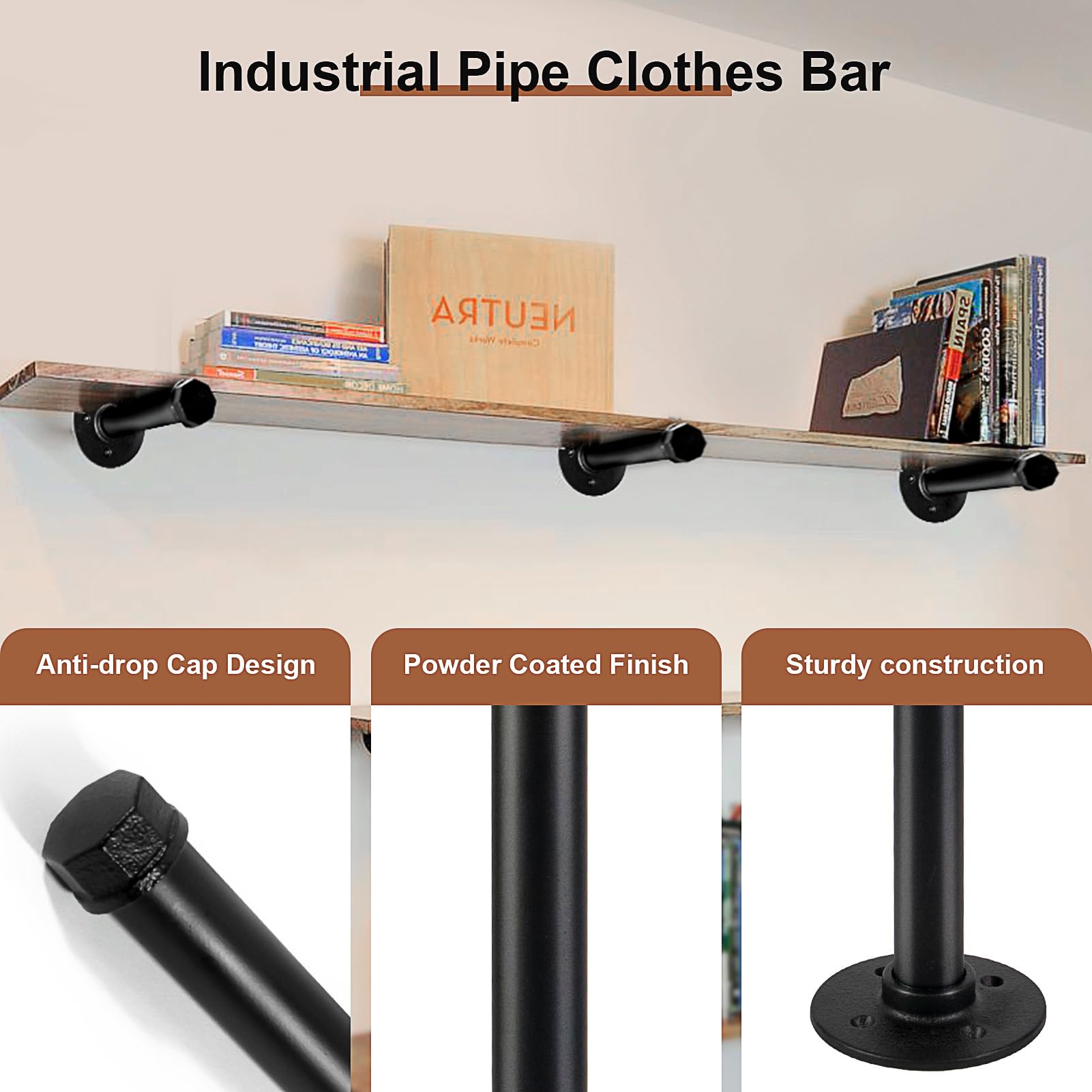 Pintuson 6 Pcs Industrial Pipe Clothes Bar 12 Inch - Wall Mount Clothing Rack - Face Out Wall Clothing Rods For Commercial Retai